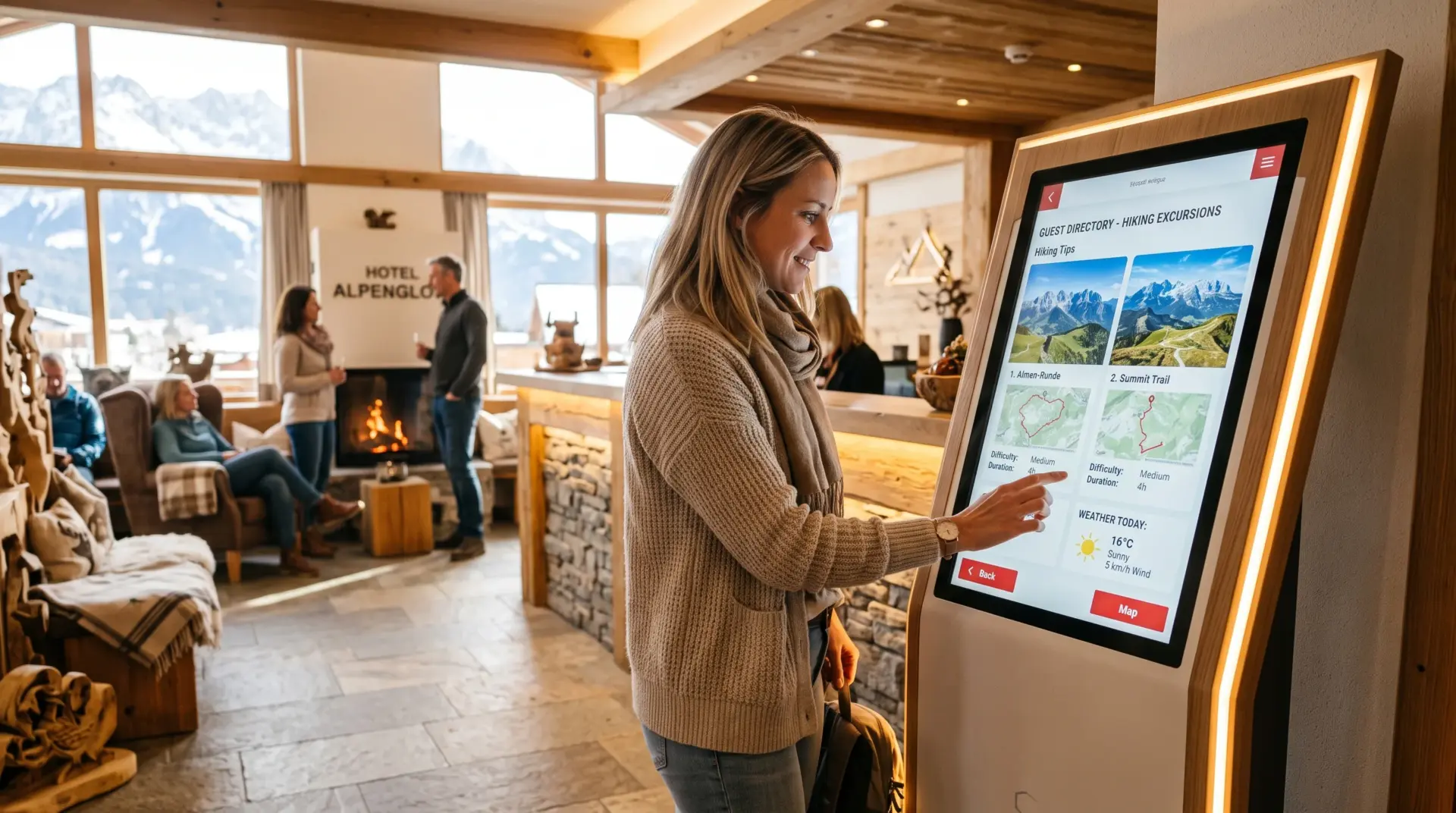 Gast wählt Ausflugstipps mit Bergpanorama und Wetter auf der digitalen Gästemappe am Touch-Terminal