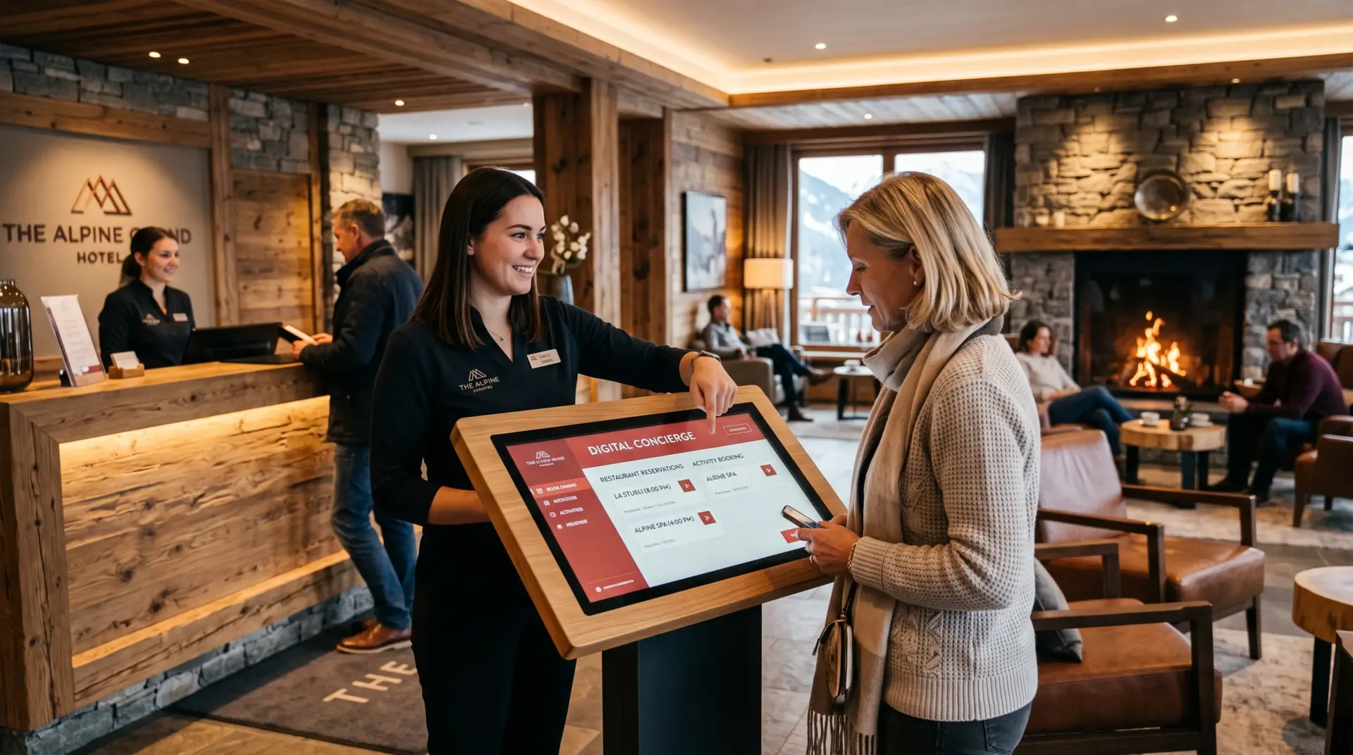 Rezeptionistin zeigt einem Gast Reservierungen und Aktivitäten am digitalen Concierge-Terminal