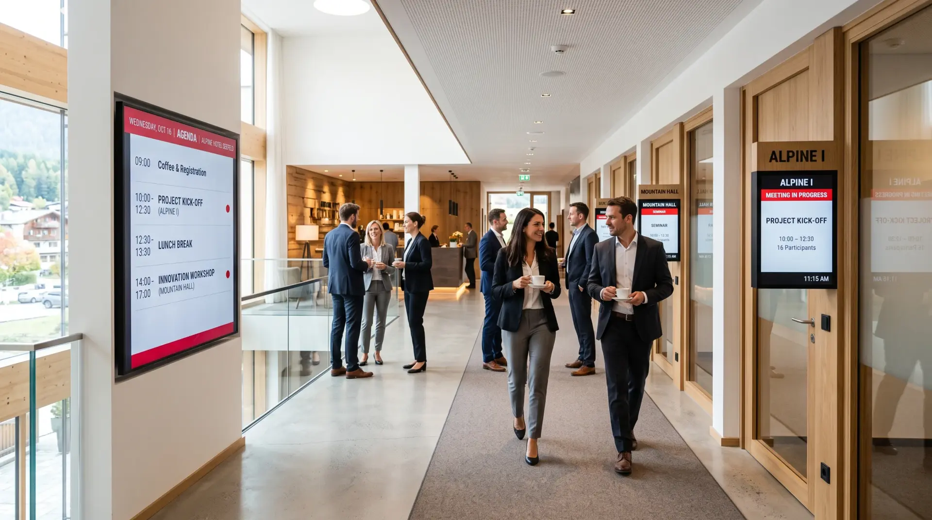 Seminarbereich mit digitaler Agenda-Anzeige und Raum-Signage neben den Türen