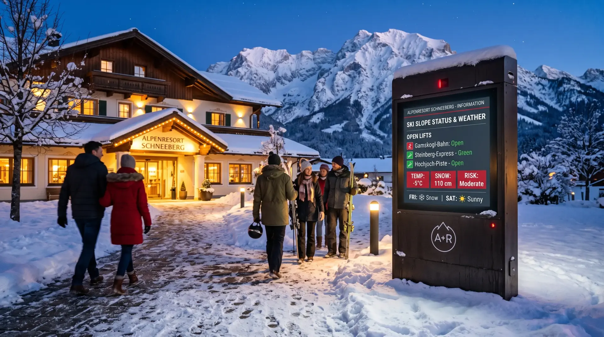 Outdoor-Infostele zeigt Pistenstatus und Wetter am verschneiten Hoteleingang zur blauen Stunde