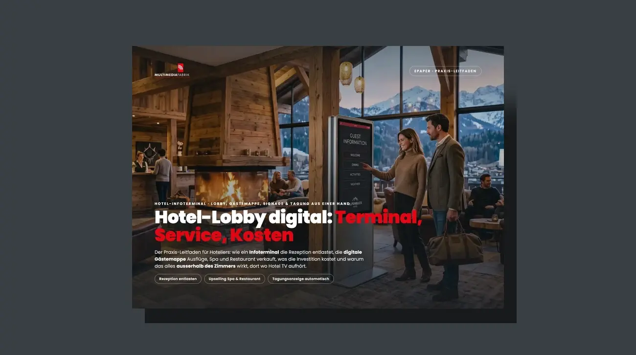 3D-Broschüren-Mockup des Leitfadens Hotel-Lobby digital: Terminal, Service, Kosten