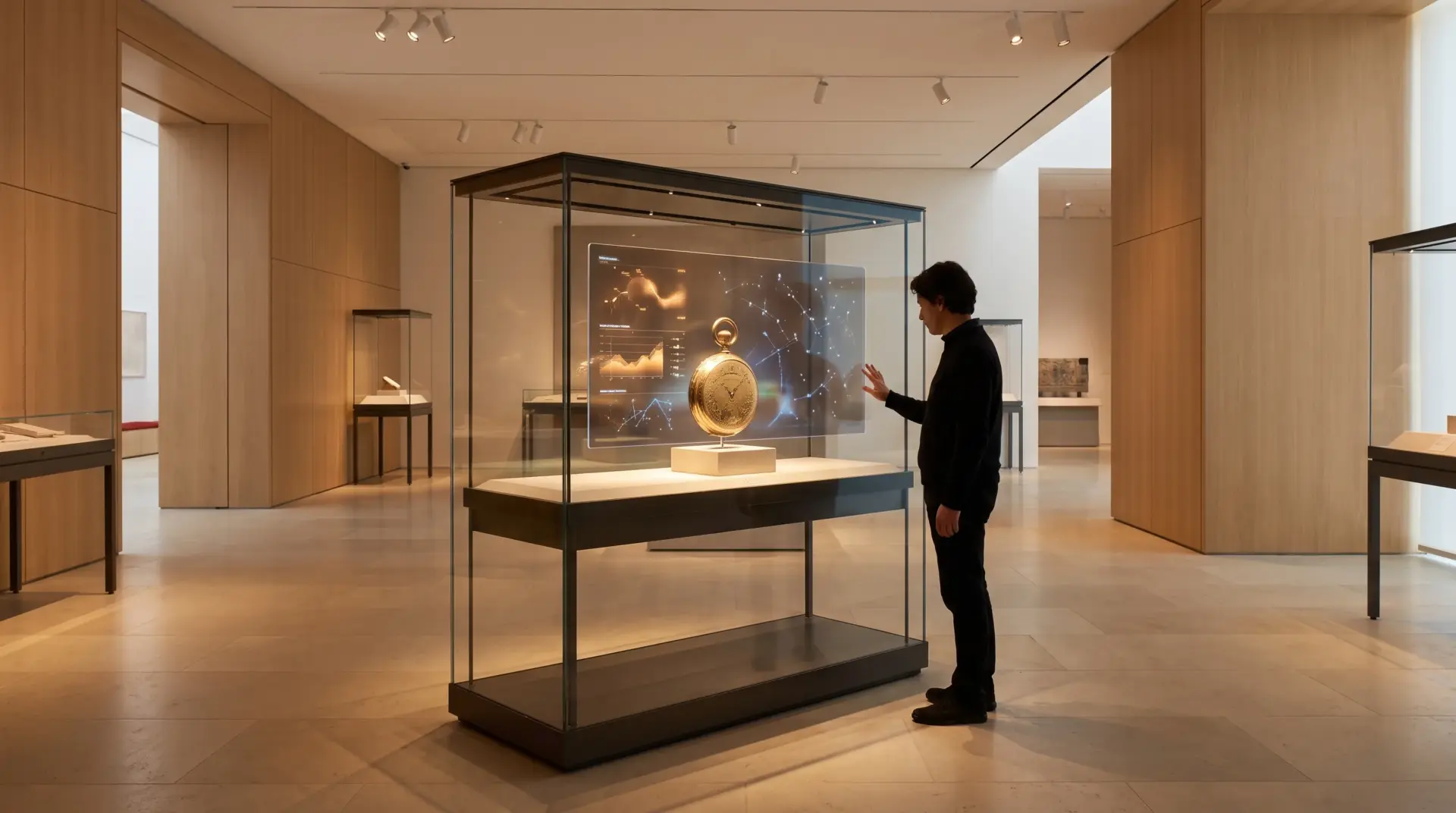 Besucher bedient eine interaktive Vitrine mit transparentem Touch-Display vor einer historischen Taschenuhr auf dem Drehteller