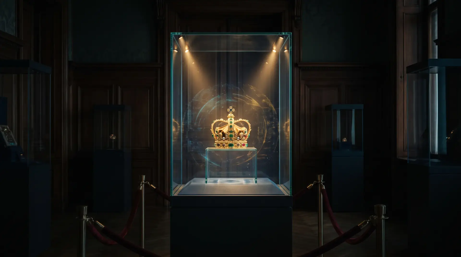 Beleuchtete Vitrine mit historischer Krone und transparentem Info-Display in einer dunklen Schatzkammer