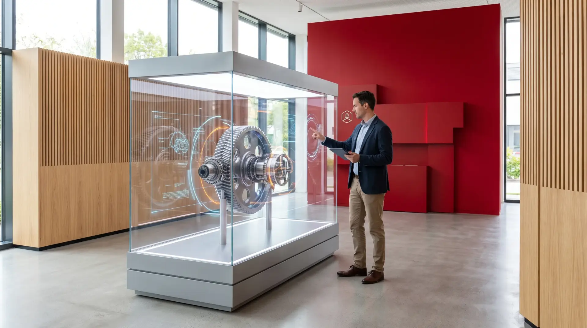 Vitrine mit Präzisionsprodukt und transparenter Explosionsdarstellung in hellem Showroom mit roter Akzentwand