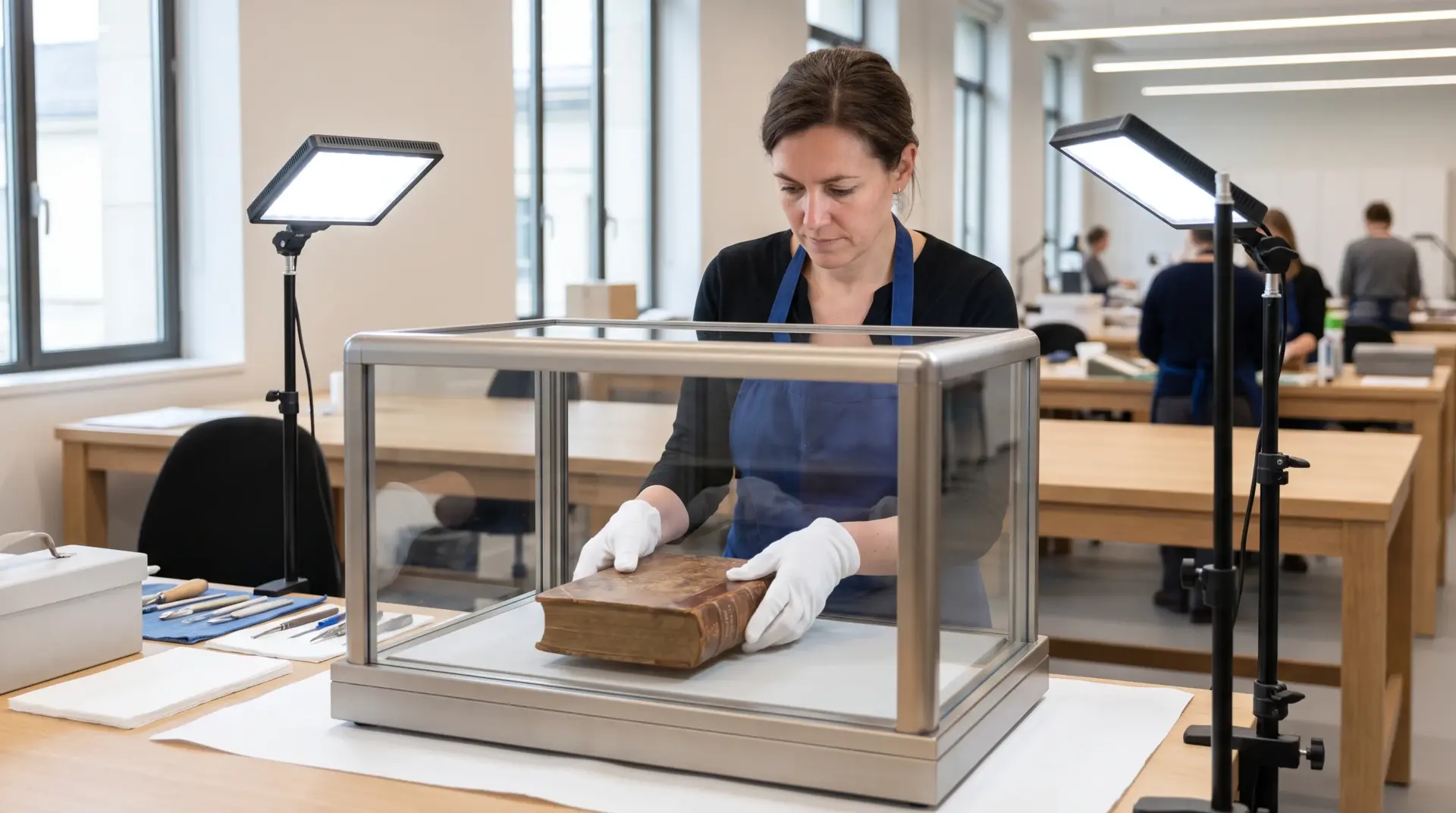 Techniker mit weißen Handschuhen bringt ein historisches Buch in eine moderne Vitrine ein