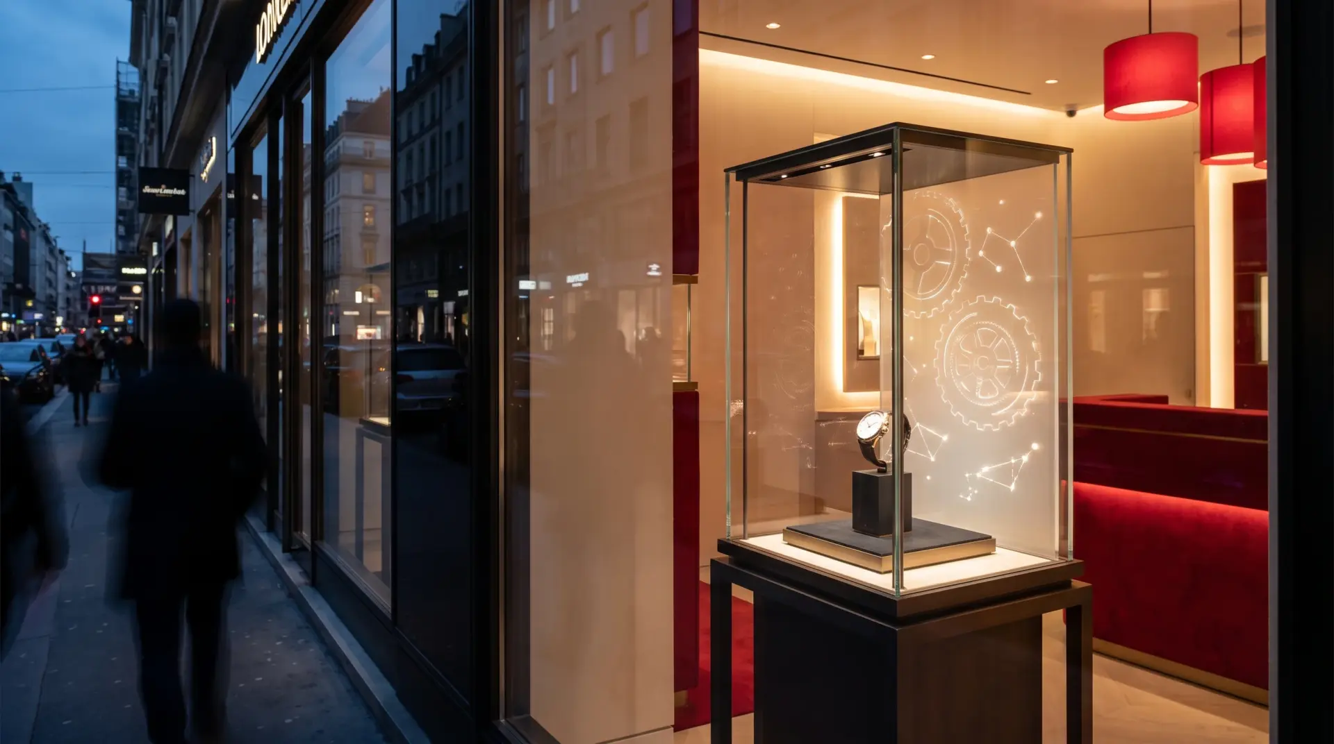 Premium-Schaufenster mit Luxusuhr in interaktiver Vitrine bei Abendlicht