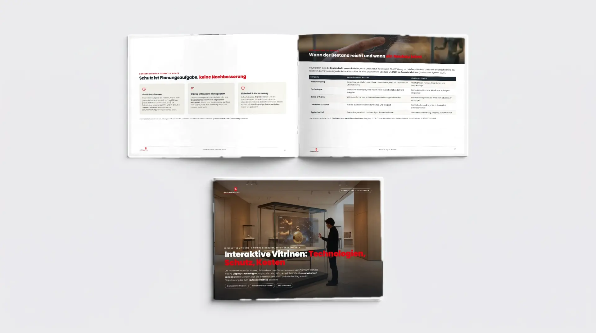 3D-Broschüren-Mockup des Leitfadens Interaktive Vitrinen: Technologien, Schutz, Kosten