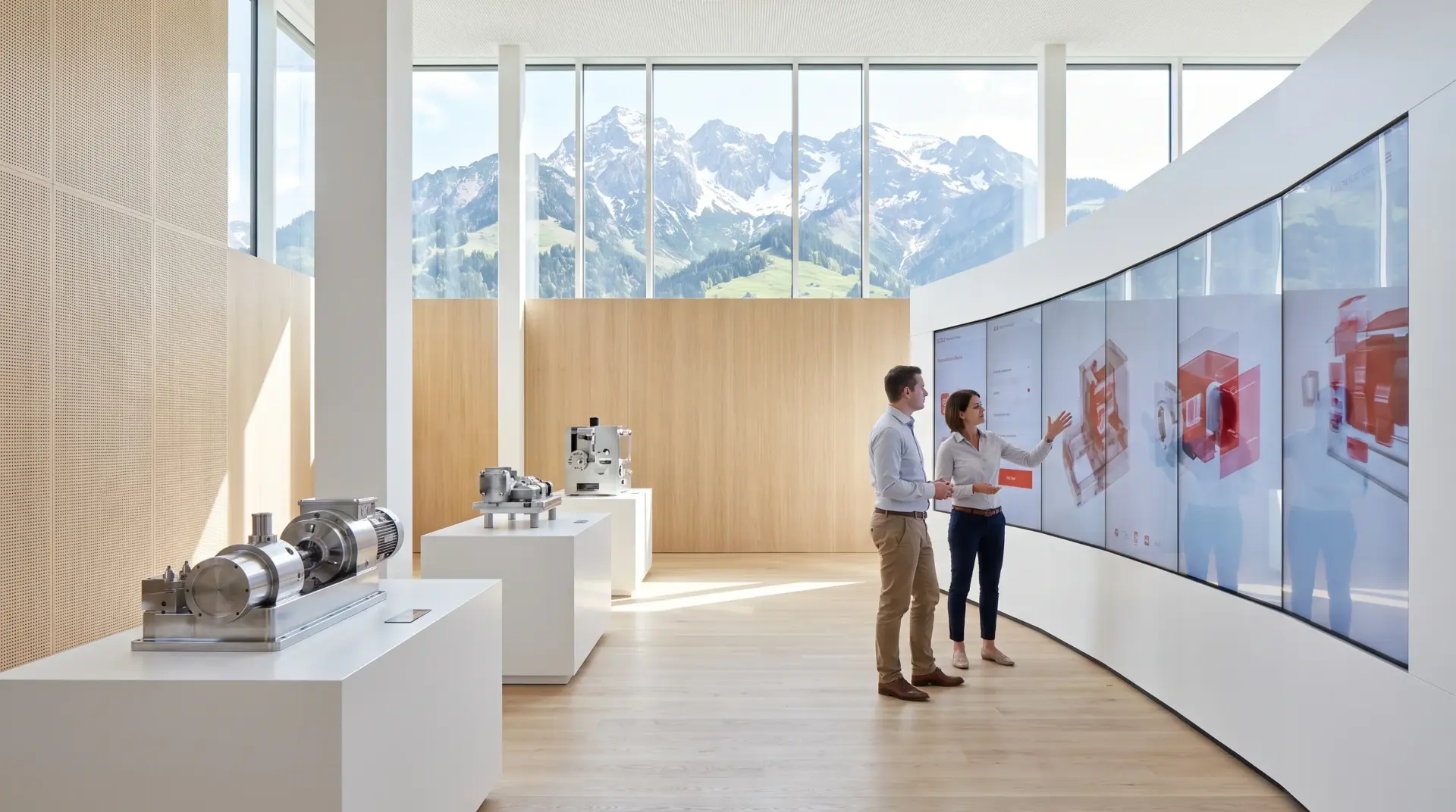 Zwei Besucher erkunden eine große interaktive Touch-Wand in einem hellen Marken-Showroom mit Alpenblick und Maschinen-Exponaten