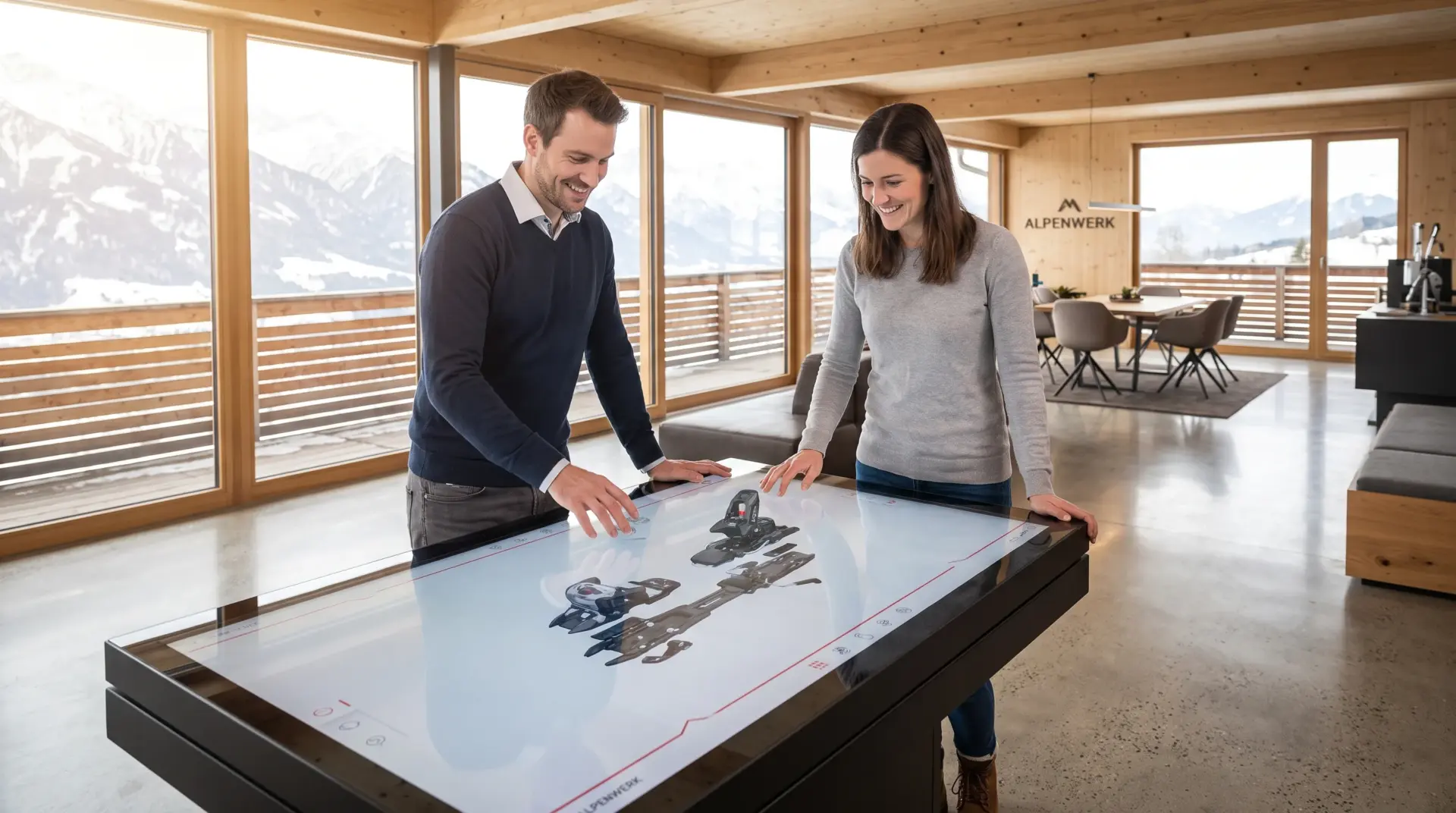 Berater und Kunde konfigurieren ein Produkt als 3D-Modell an einem Multi-Touch-Tisch im Showroom