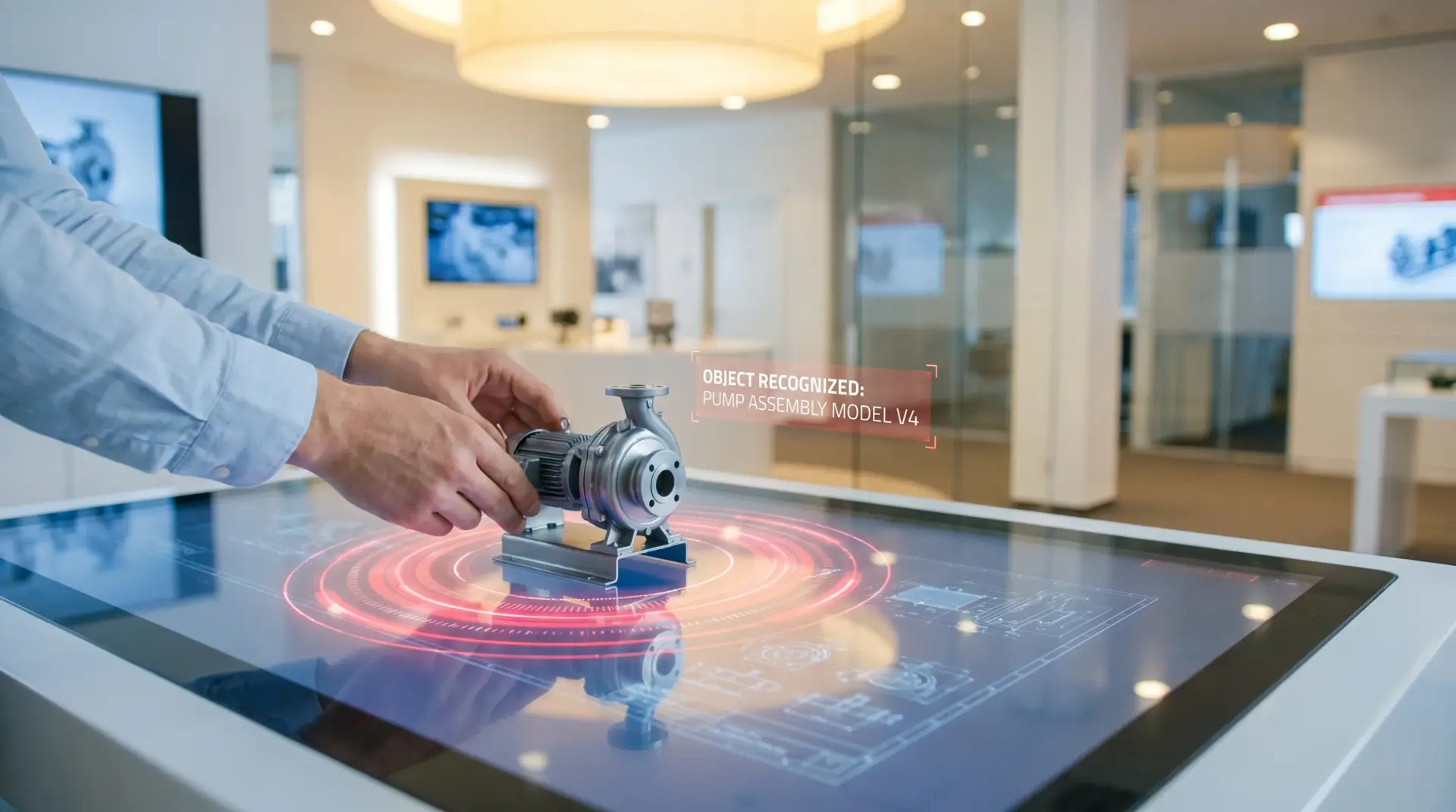 Hände legen ein Produktmodell auf einen Touch-Tisch, der es mit leuchtenden Datenringen erkennt