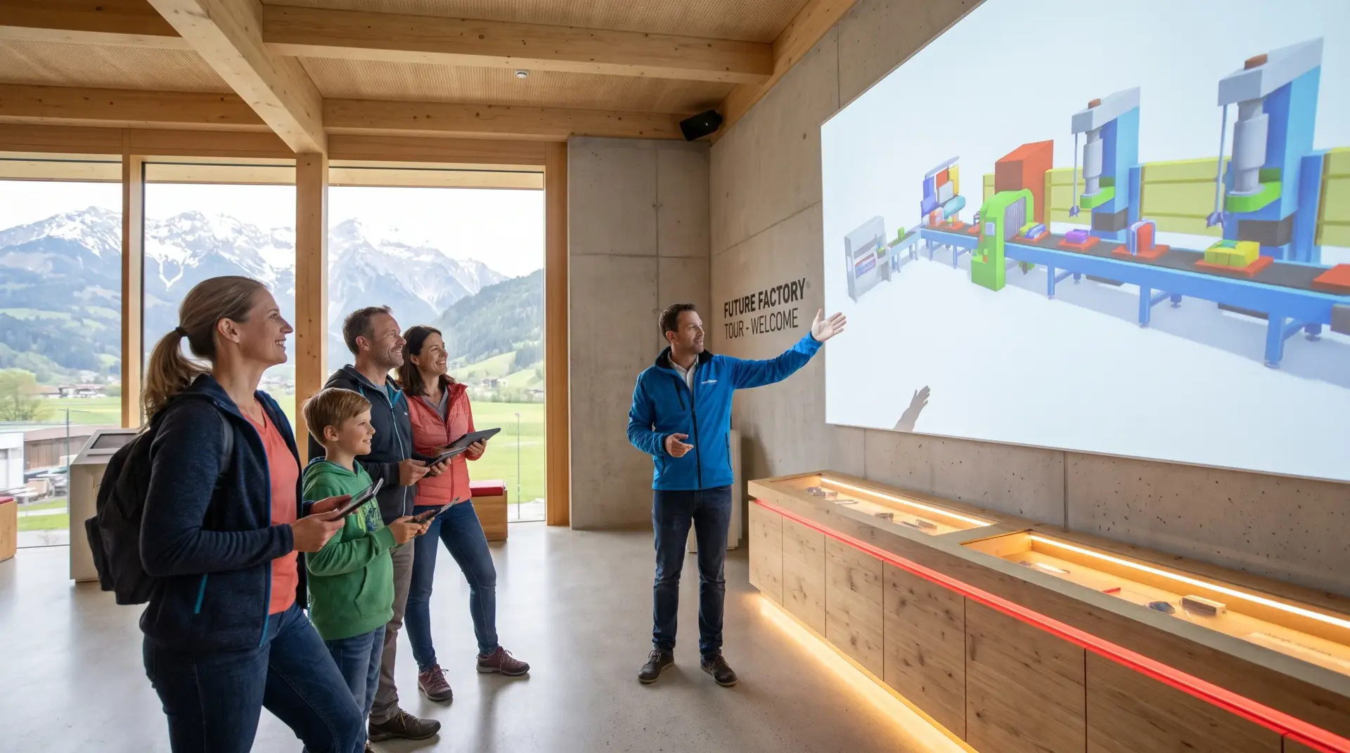 Besuchergruppe verfolgt eine großflächige Produktions-Projektion bei einer digitalen Werksführung