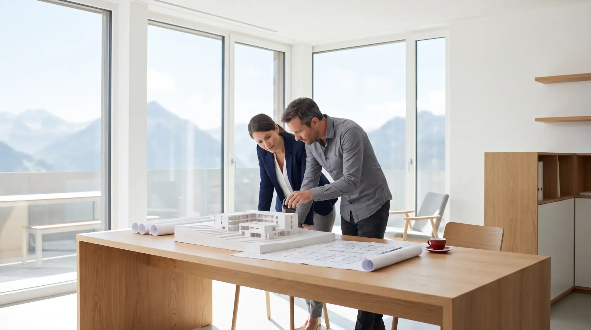 Architektin und Medientechnik-Planer besprechen Gebäudemodell und Pläne in einem hellen Architekturbüro im Alpenraum