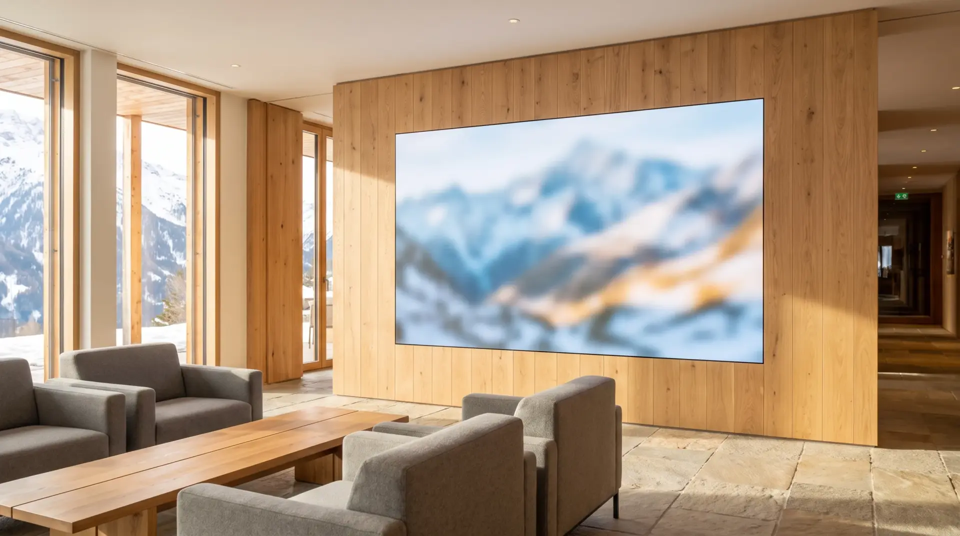Nahtlos in die Wandebene integrierte LED-Wand neben Eichenpaneelen in einer hellen alpinen Hotellobby