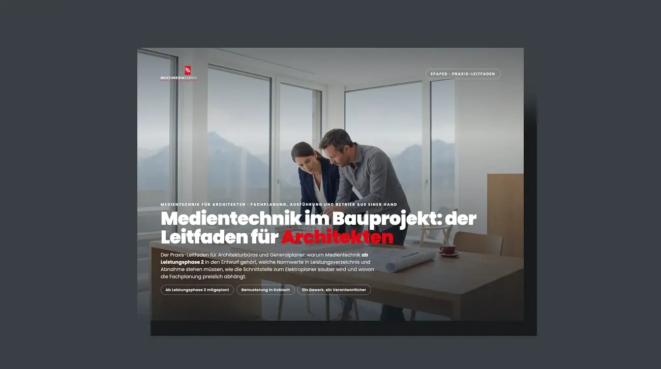 3D-Broschüren-Mockup des Leitfadens Medientechnik im Bauprojekt: Leitfaden für Architekten