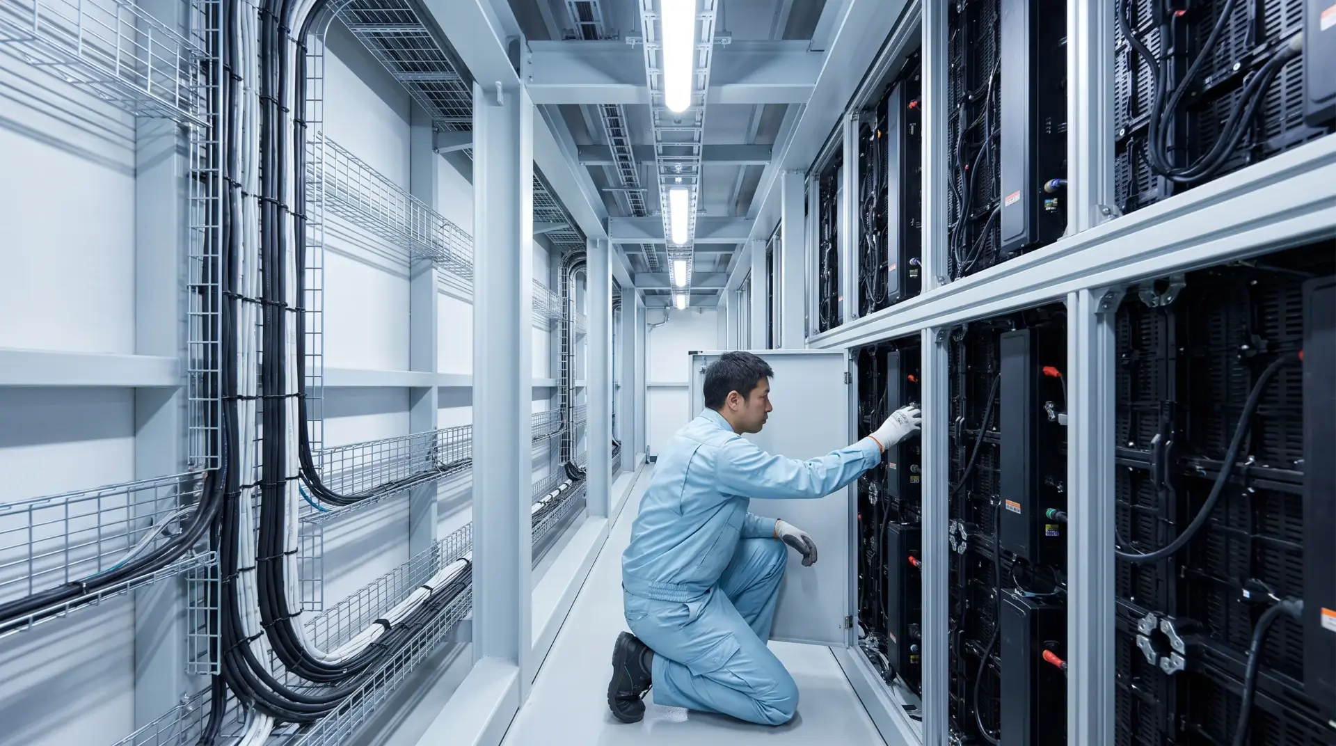 Servicegang hinter einer LED-Wand mit Tragwerk, geordneter Verkabelung und Techniker am Modul