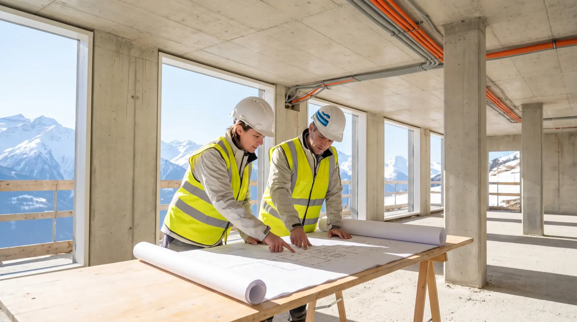 Zwei Planer besprechen einen technischen Grundrissplan im hellen Rohbau