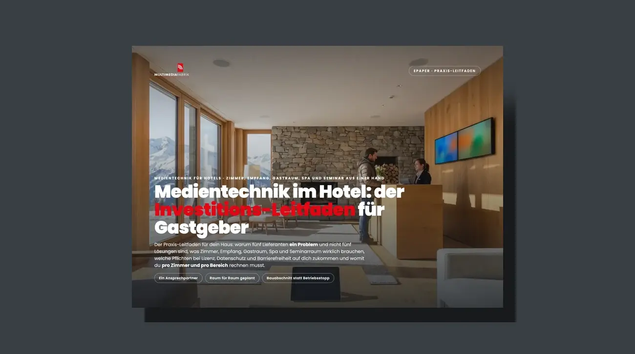 3D-Broschüren-Mockup des Leitfadens Medientechnik im Hotel: Investitions-Leitfaden für Gastgeber