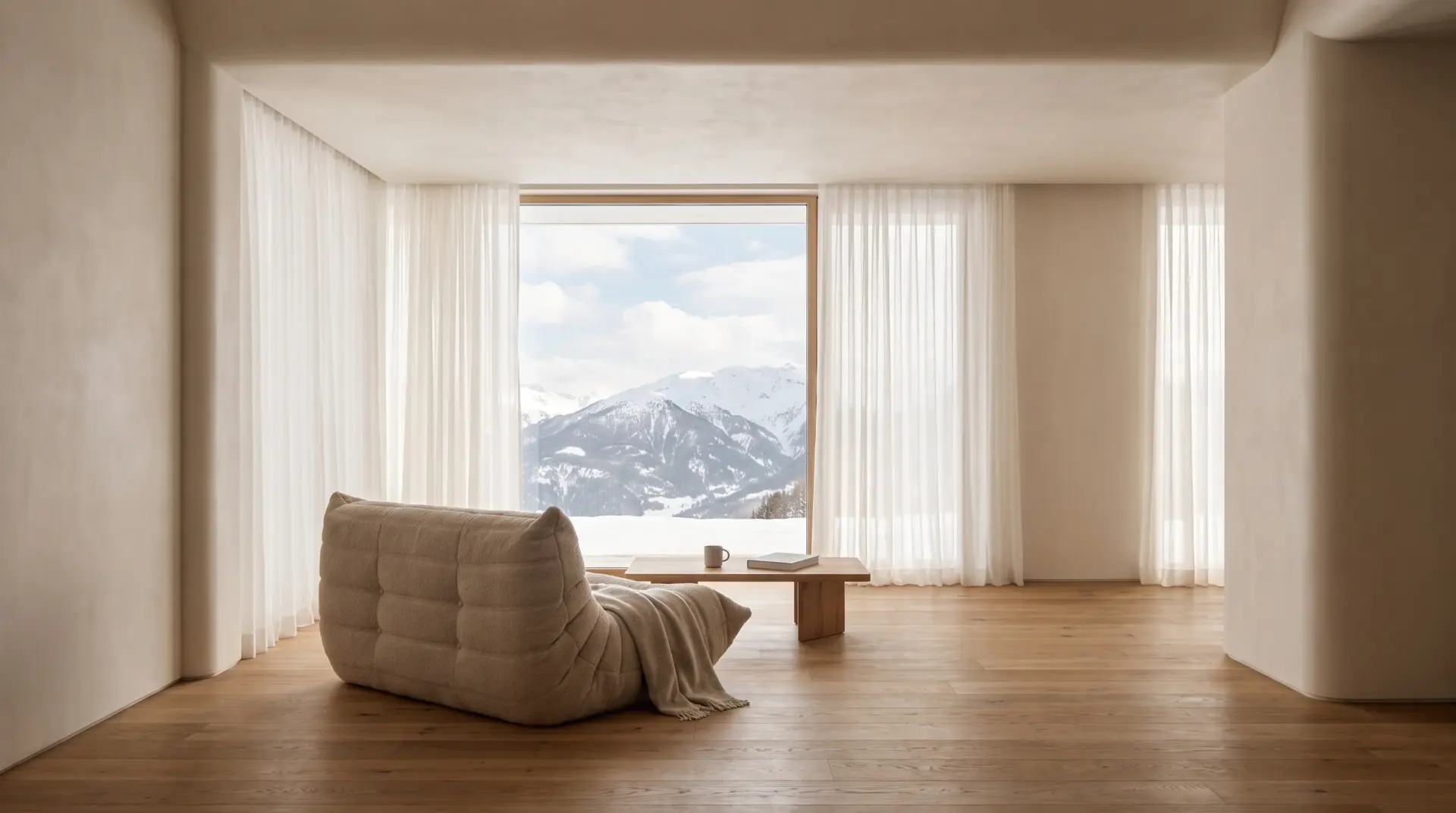 Minimalistische alpine Hotelsuite mit glatten Putzflächen ohne sichtbare Lautsprecher oder Geräte
