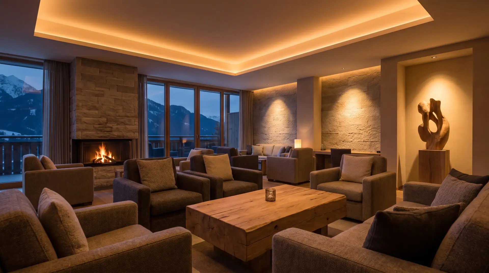 Alpine Hotellobby mit warmer indirekter Voutenbeleuchtung und weichen Lichtinseln auf Natursteinwänden