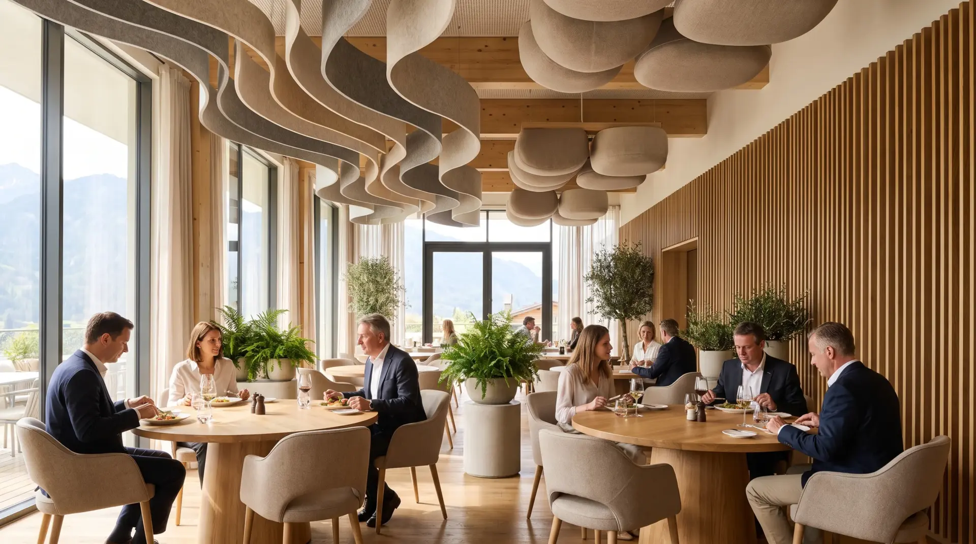 Modernes alpines Restaurant mit skulpturalen Filz-Akustikelementen an der Decke und Holzlamellen-Wand