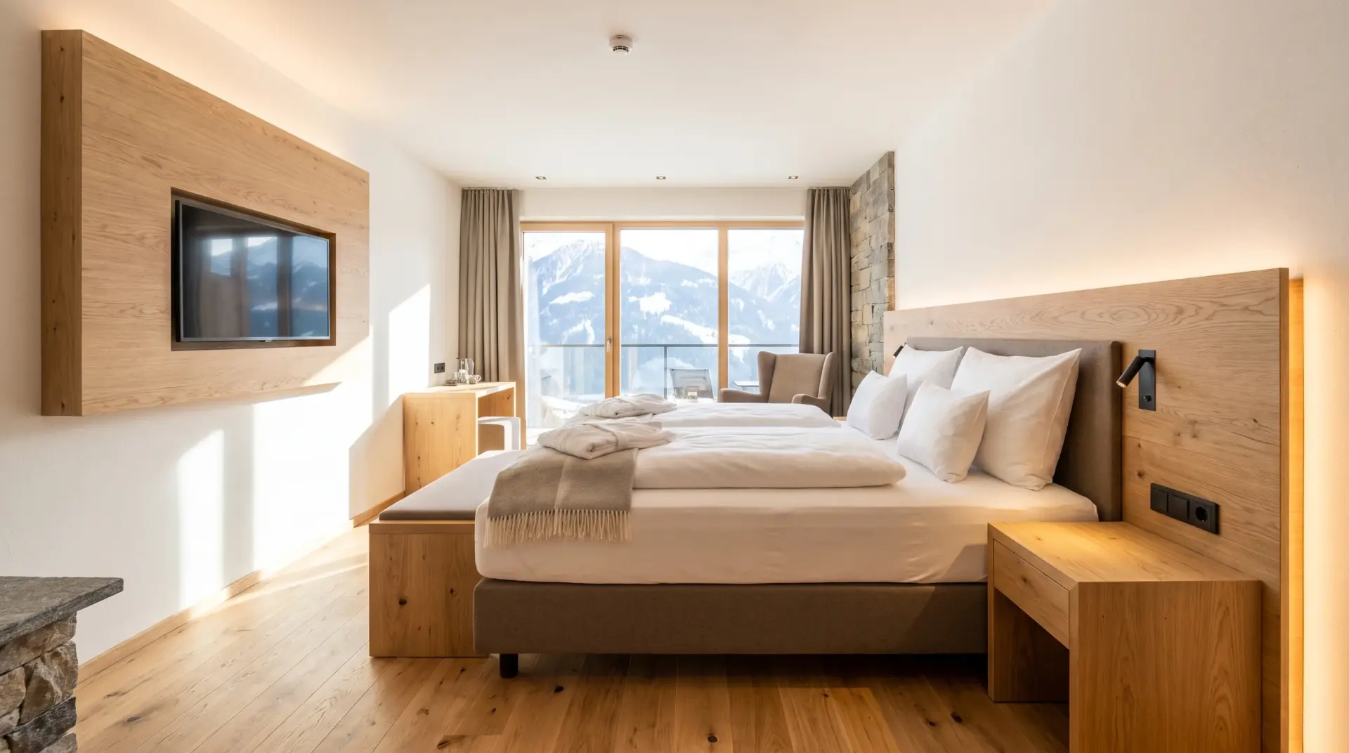 Modernes alpines Hotelzimmer mit flächenbündigem Display, Bedienpanel und indirekter Beleuchtung am Kopfteil