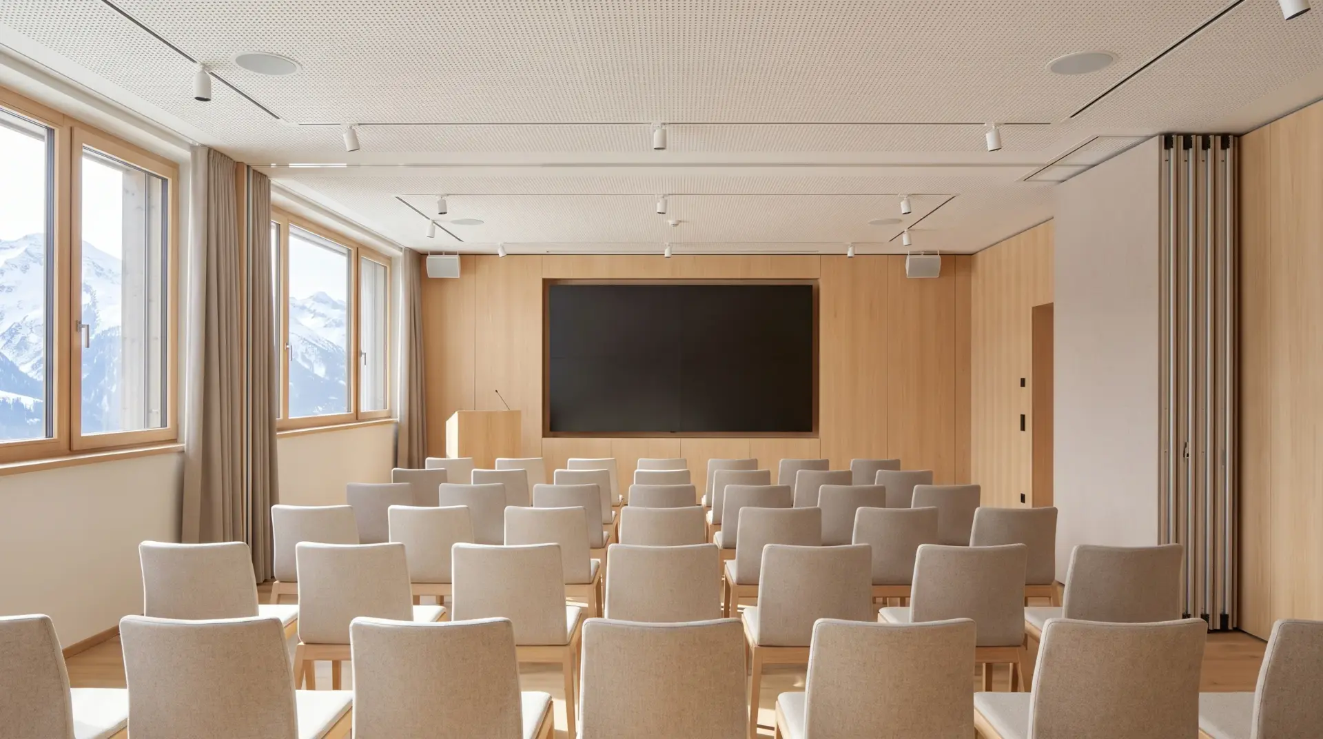 Heller Seminarraum mit großem Wanddisplay, Deckenlautsprechern und Rednerpult, bereit für die Veranstaltung