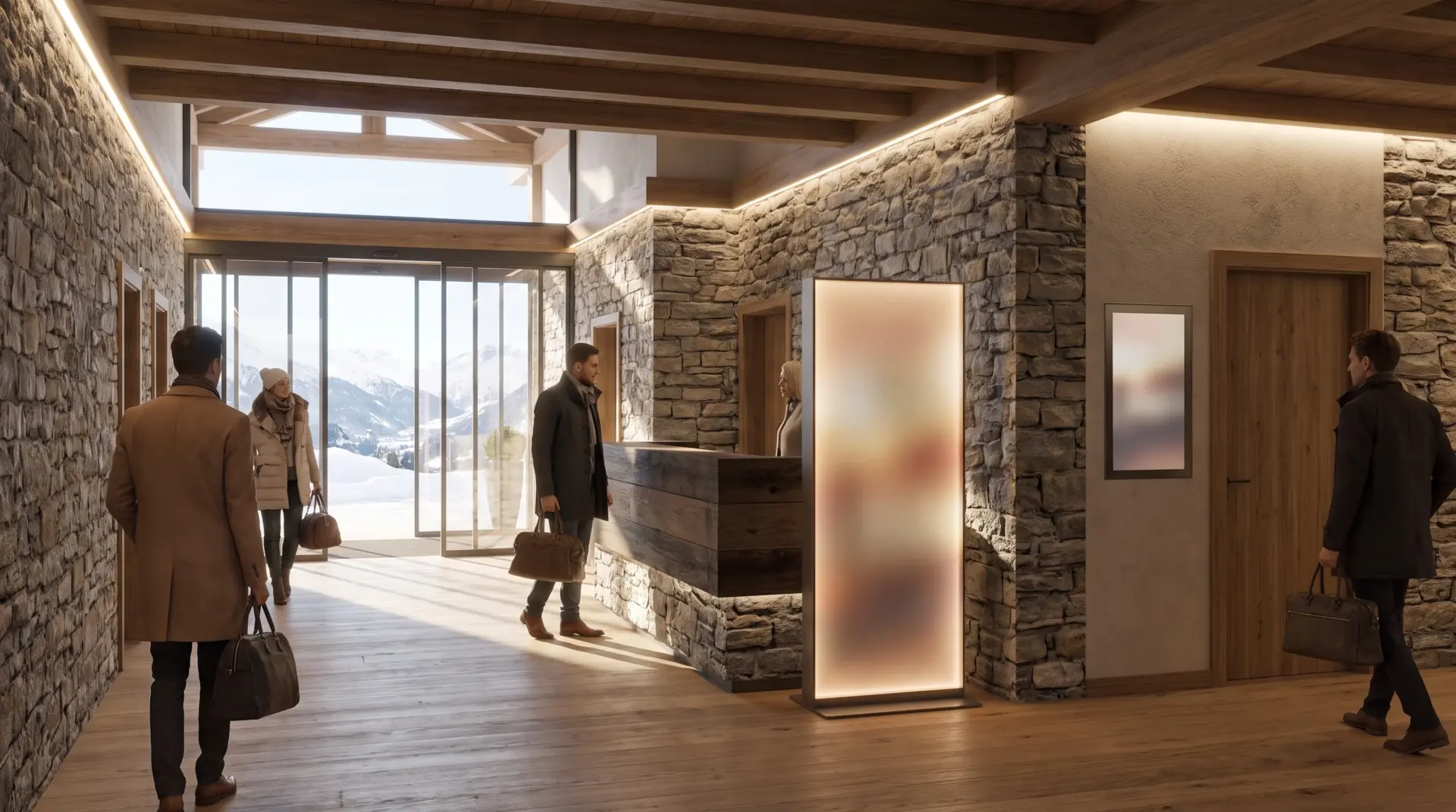 Schlanke Info-Stele neben der Rezeption und kleines Türdisplay am Seminarraum in einer Hotellobby
