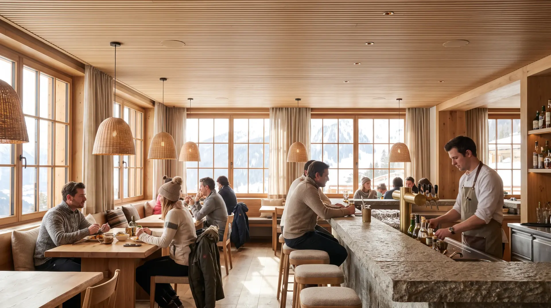 Alpines Restaurant mit Bar und nur kleinen flächenbündigen Deckenlautsprechern in der Holzlamellendecke