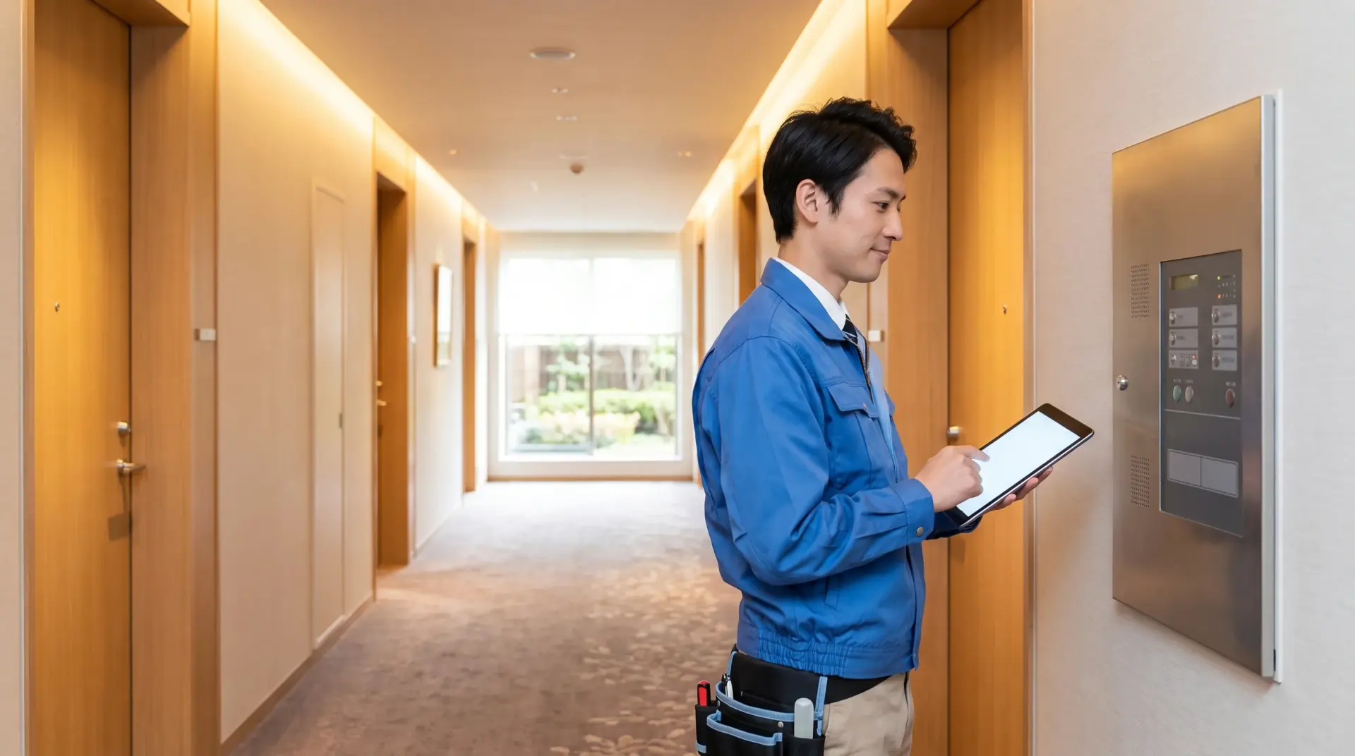 Servicetechniker prüft mit Tablet ein Bedienpanel im Hotelflur während eines Wartungstermins
