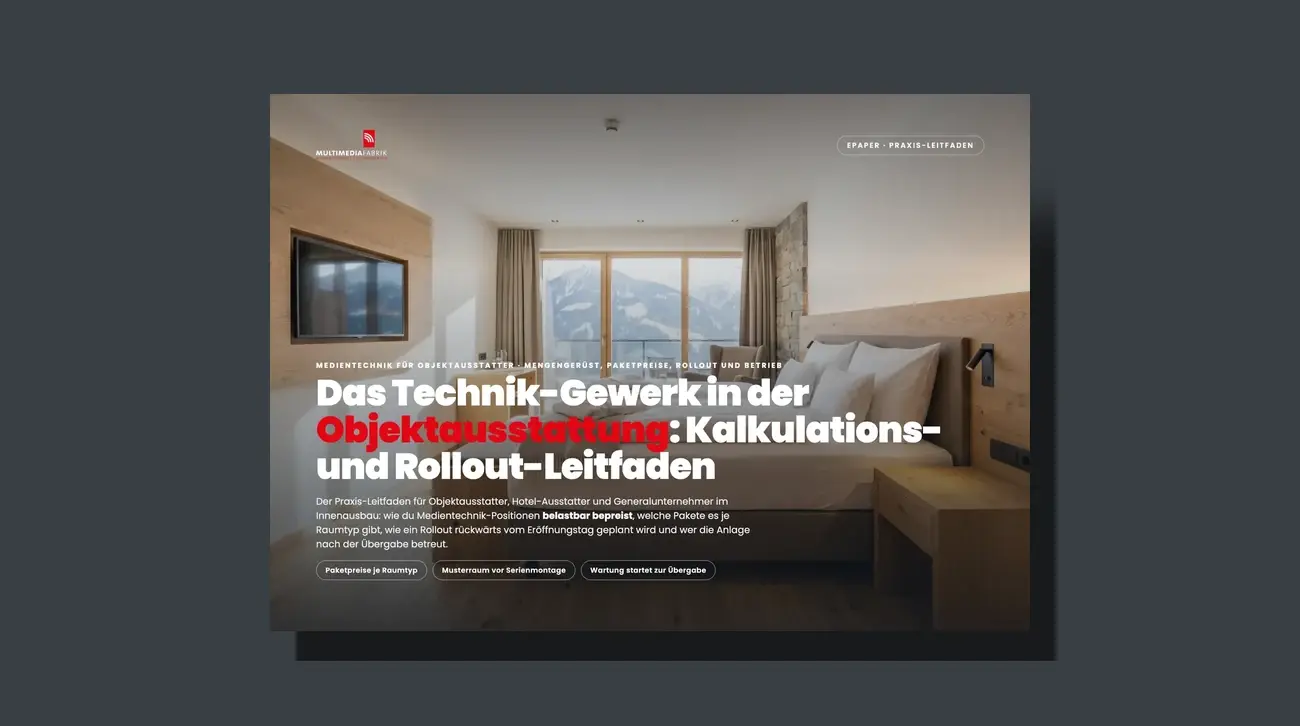 3D-Broschüren-Mockup des Leitfadens Technik-Gewerk in der Objektausstattung