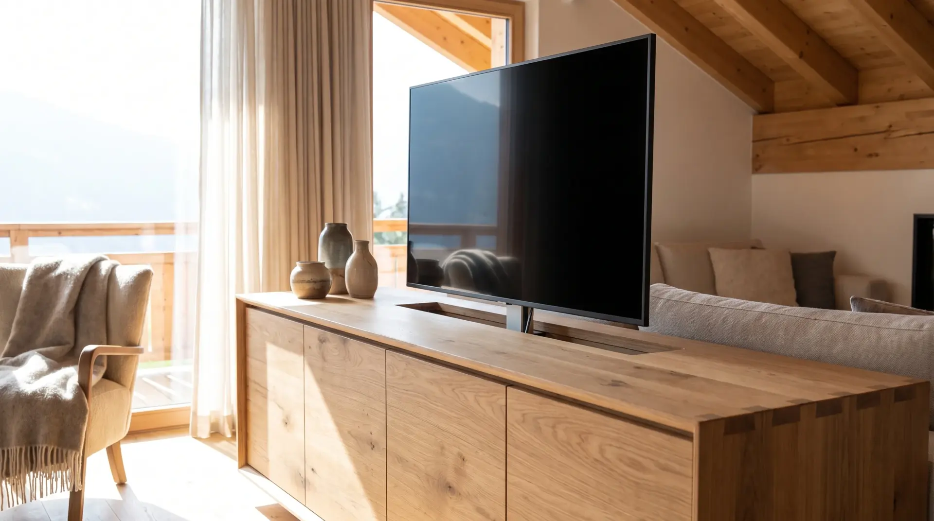 Fernseher fährt aus einem massiven Eichensideboard, die passgenaue Öffnung in der Holzplatte ist sichtbar