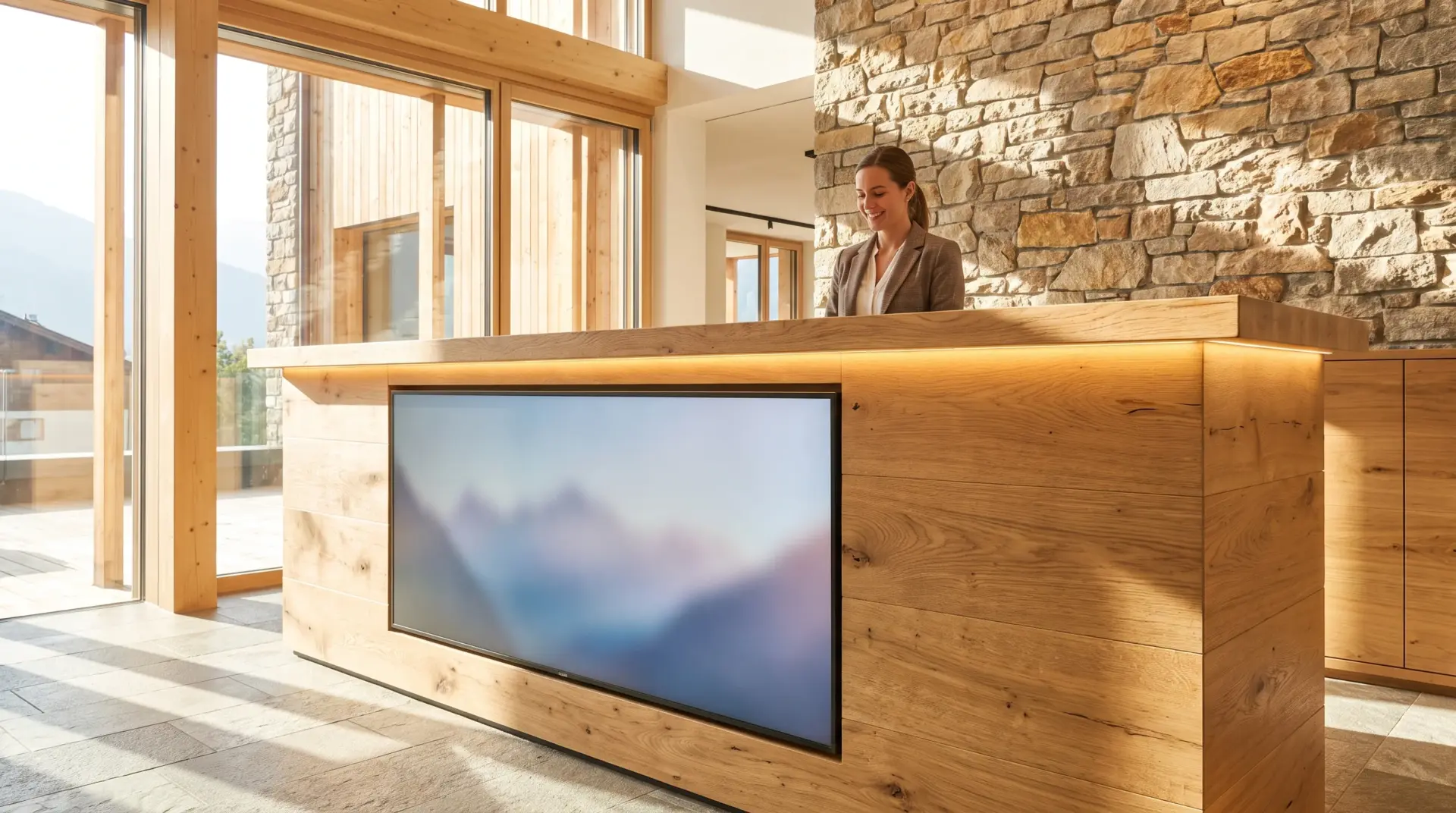 Massive Eichentheke mit flächenbündig integriertem Display und warmer Lichtlinie unter der Thekenplatte