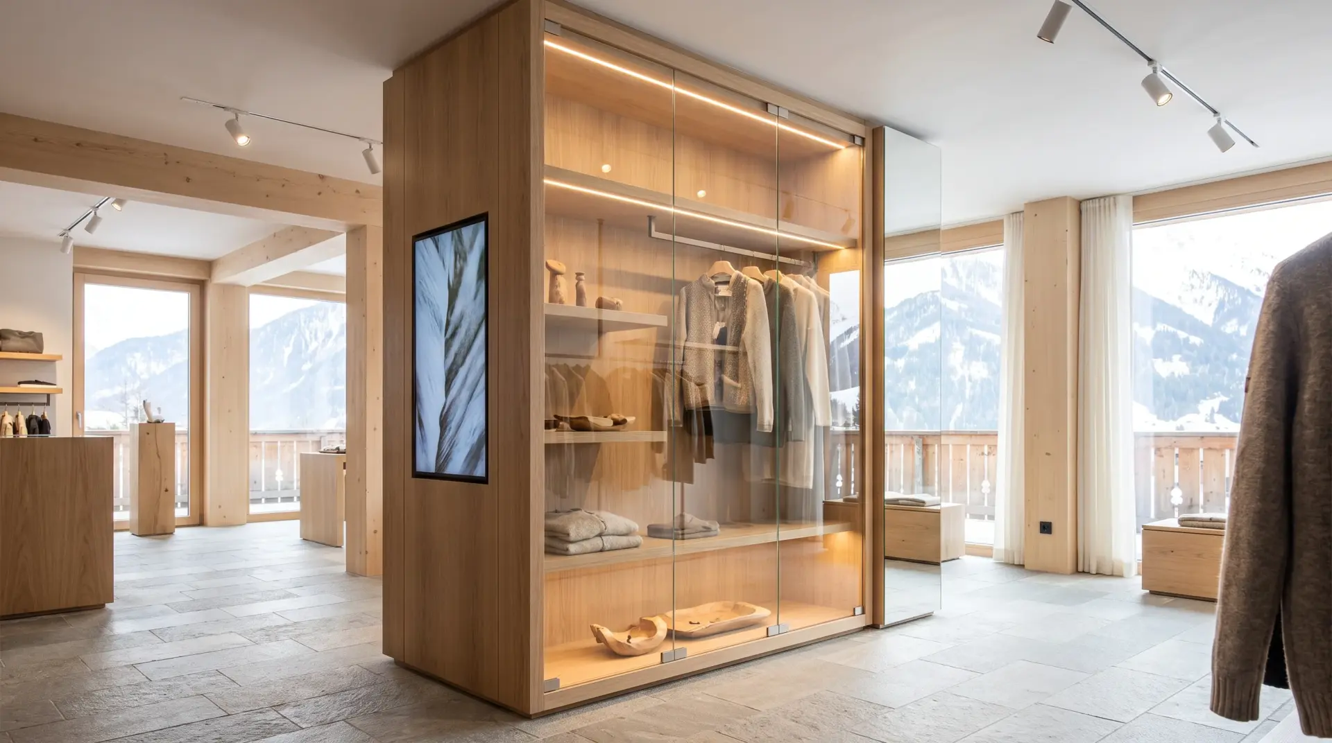 Eichen-Glas-Vitrine mit seitlich integriertem Display und warmer LED-Beleuchtung in den Regalböden