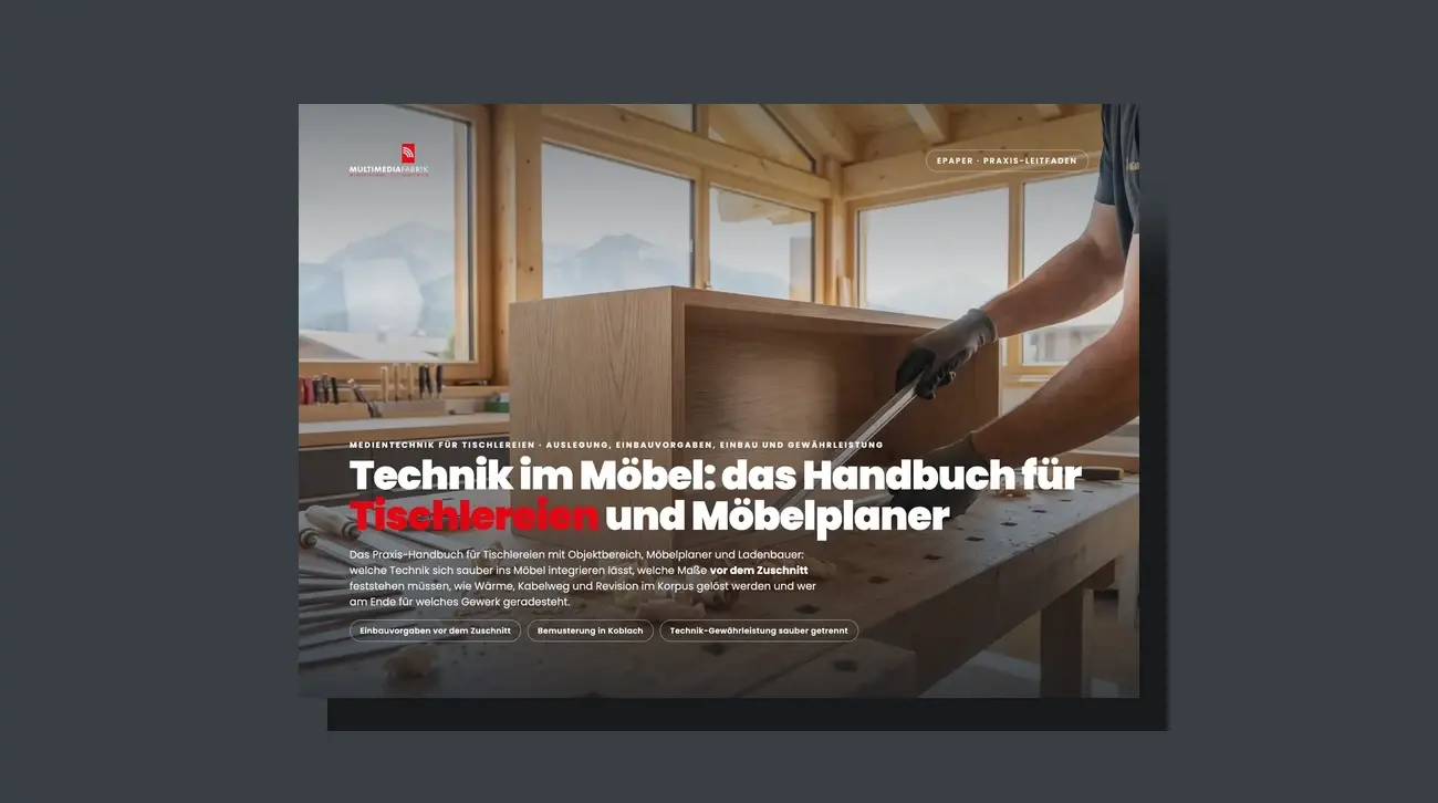 3D-Broschüren-Mockup des Leitfadens Technik im Möbel: Handbuch für Tischlereien