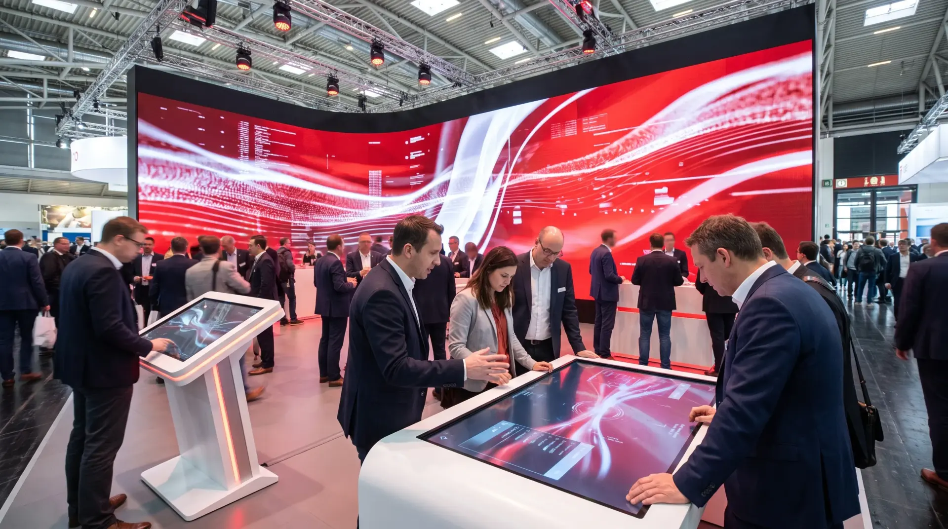 Messestand mit Touch-Stele, Multi-Touch-Tisch und geschwungener LED-Wand mit roten Motion-Graphics