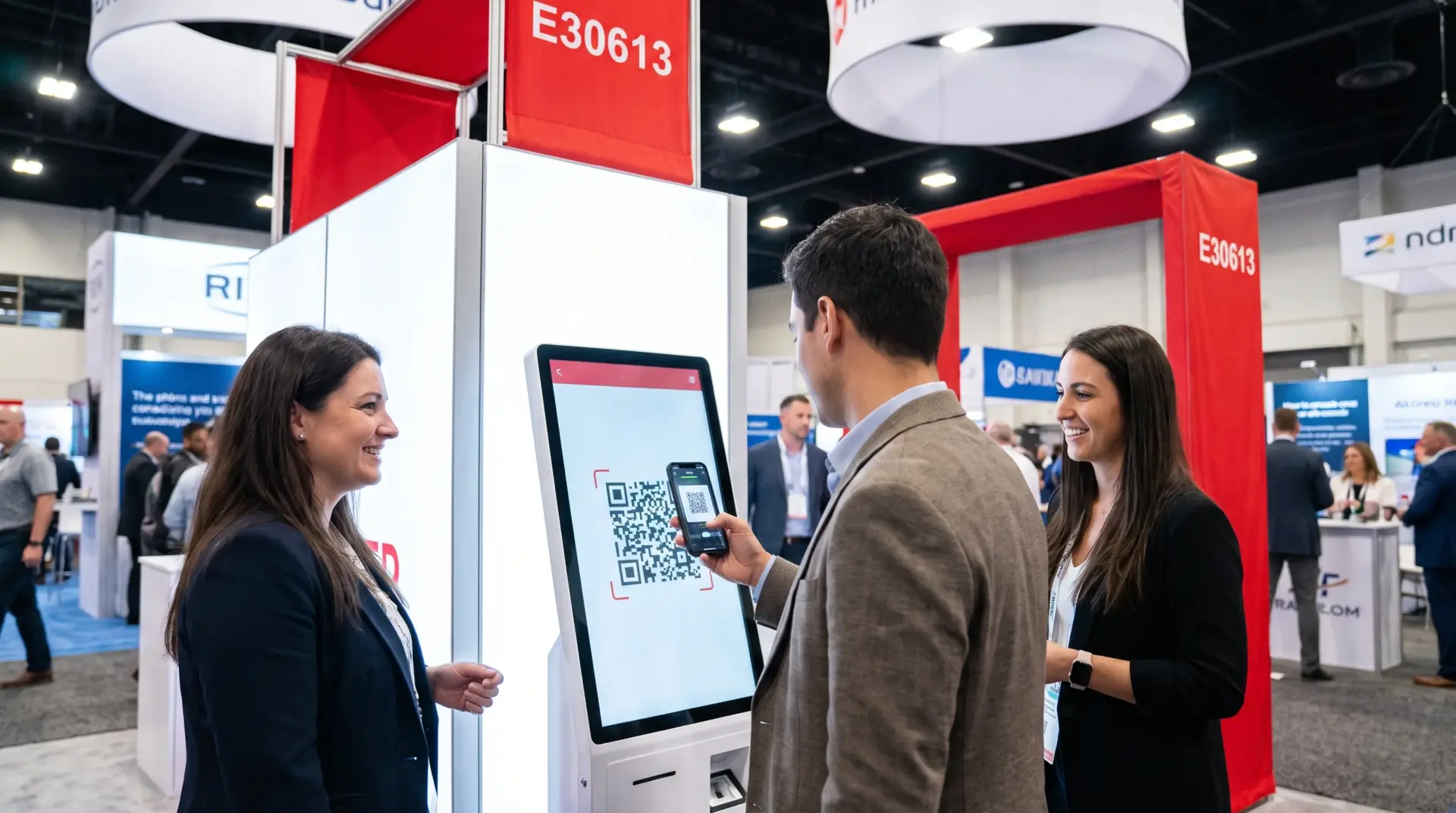 Messebesucher scannt einen QR-Code an einem interaktiven Terminal zur Leaderfassung