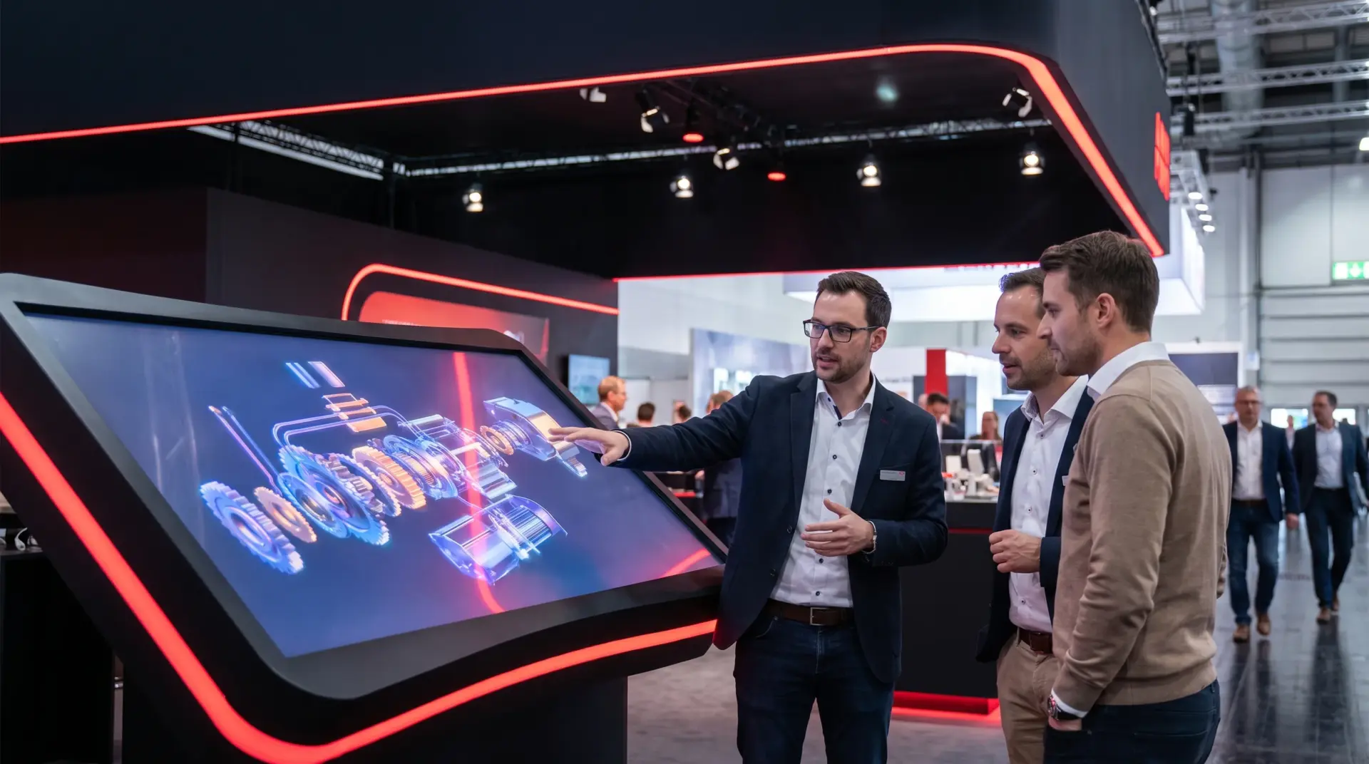 Großer Touchscreen zeigt leuchtende 3D-Explosionsansicht einer Industriemaschine am Messestand