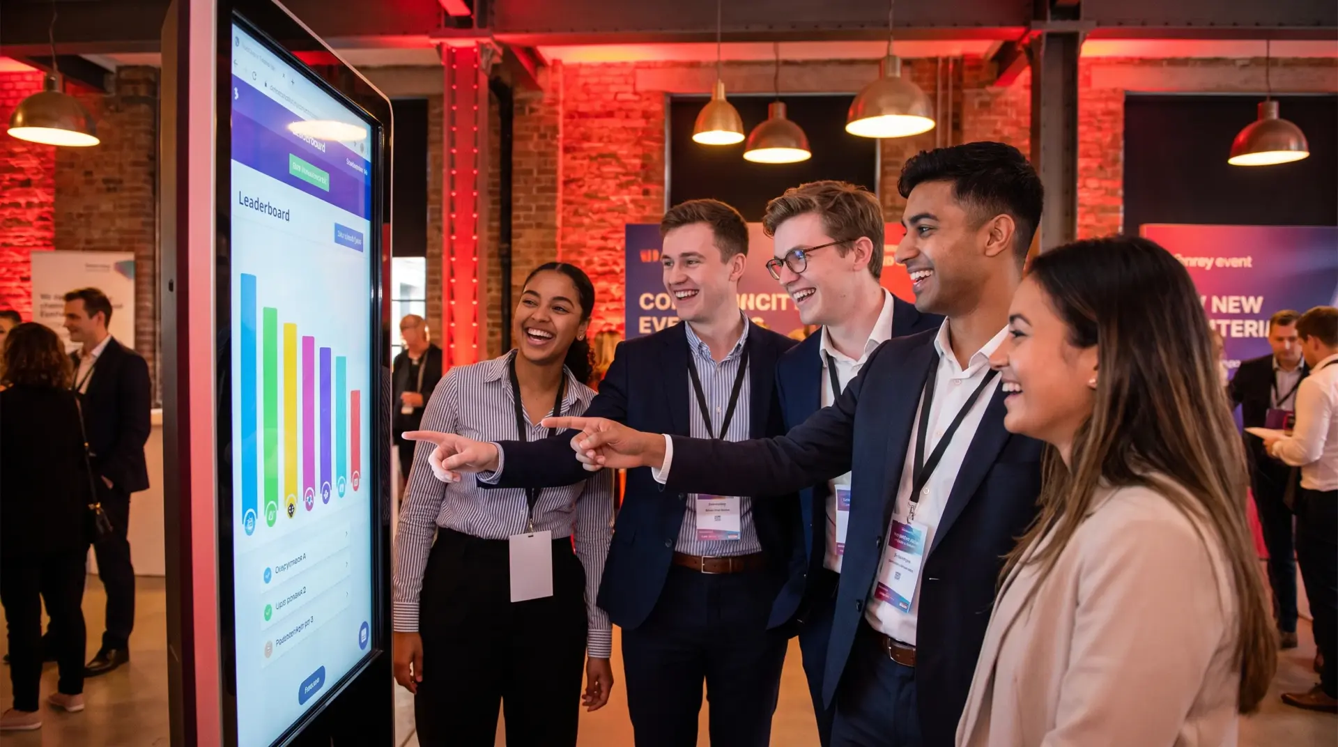 Junge Fachbesucher spielen ein interaktives Quiz mit Leaderboard auf einem großen Touch-Display