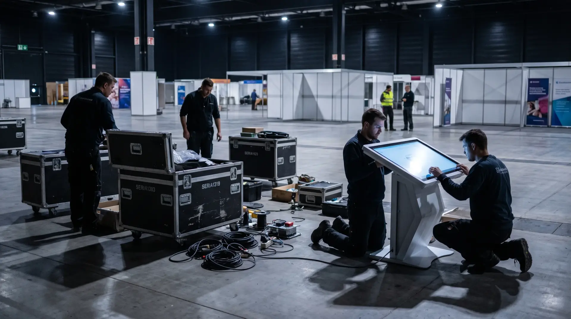 Techniker bauen ein interaktives Terminal aus Flightcases am Messestand vor der Eröffnung auf