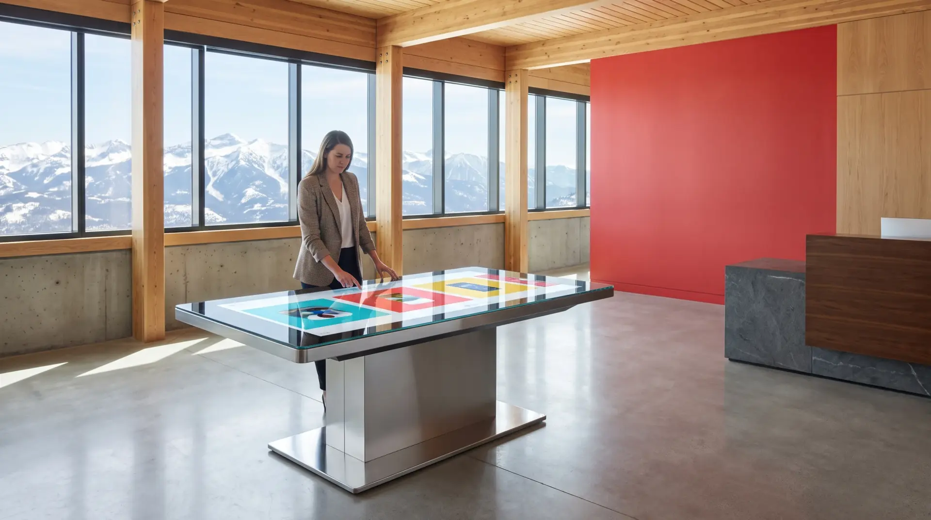 Ehemaliges Messe-Exponat als interaktiver Touch-Tisch im modernen Empfangsbereich mit Bergblick
