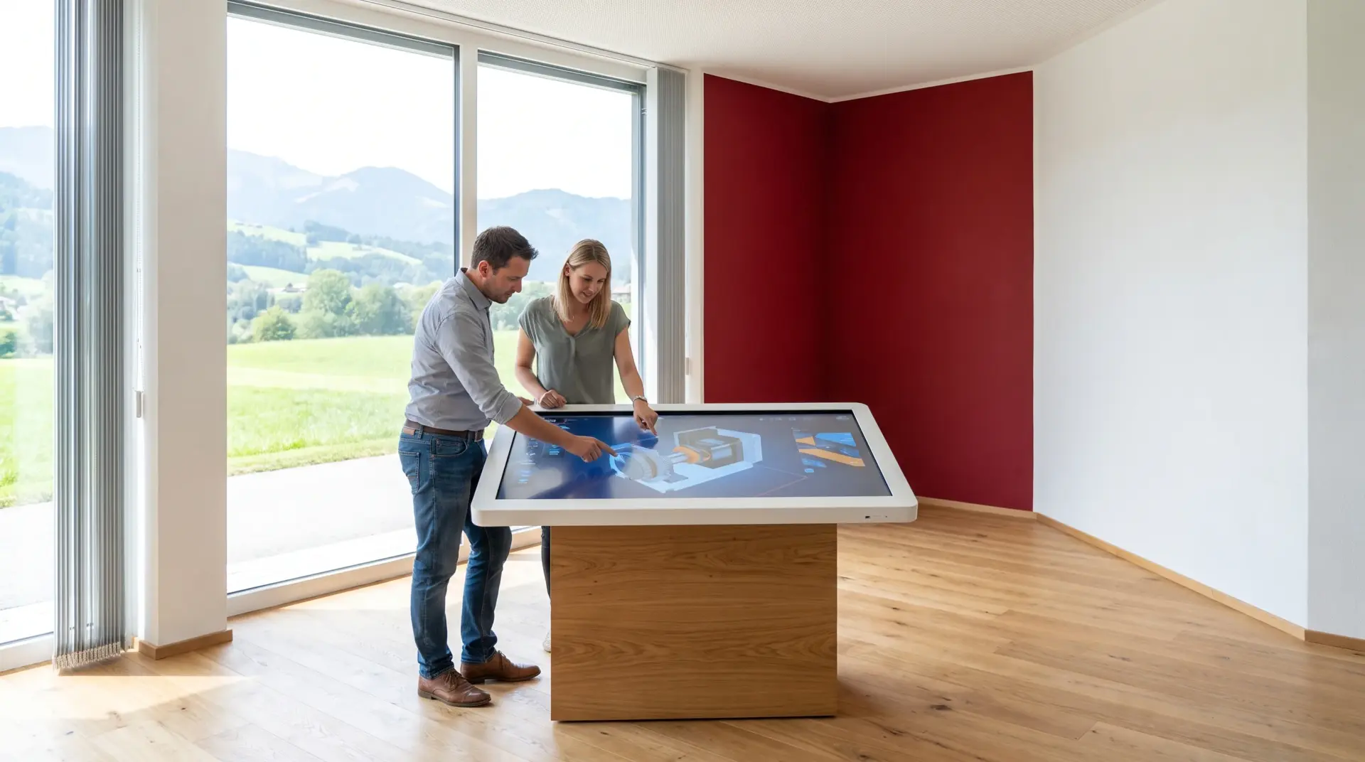 Zwei Personen konfigurieren ein Produkt an einem großen Multi-Touch-Tisch in einem hellen Showroom mit roter Akzentwand