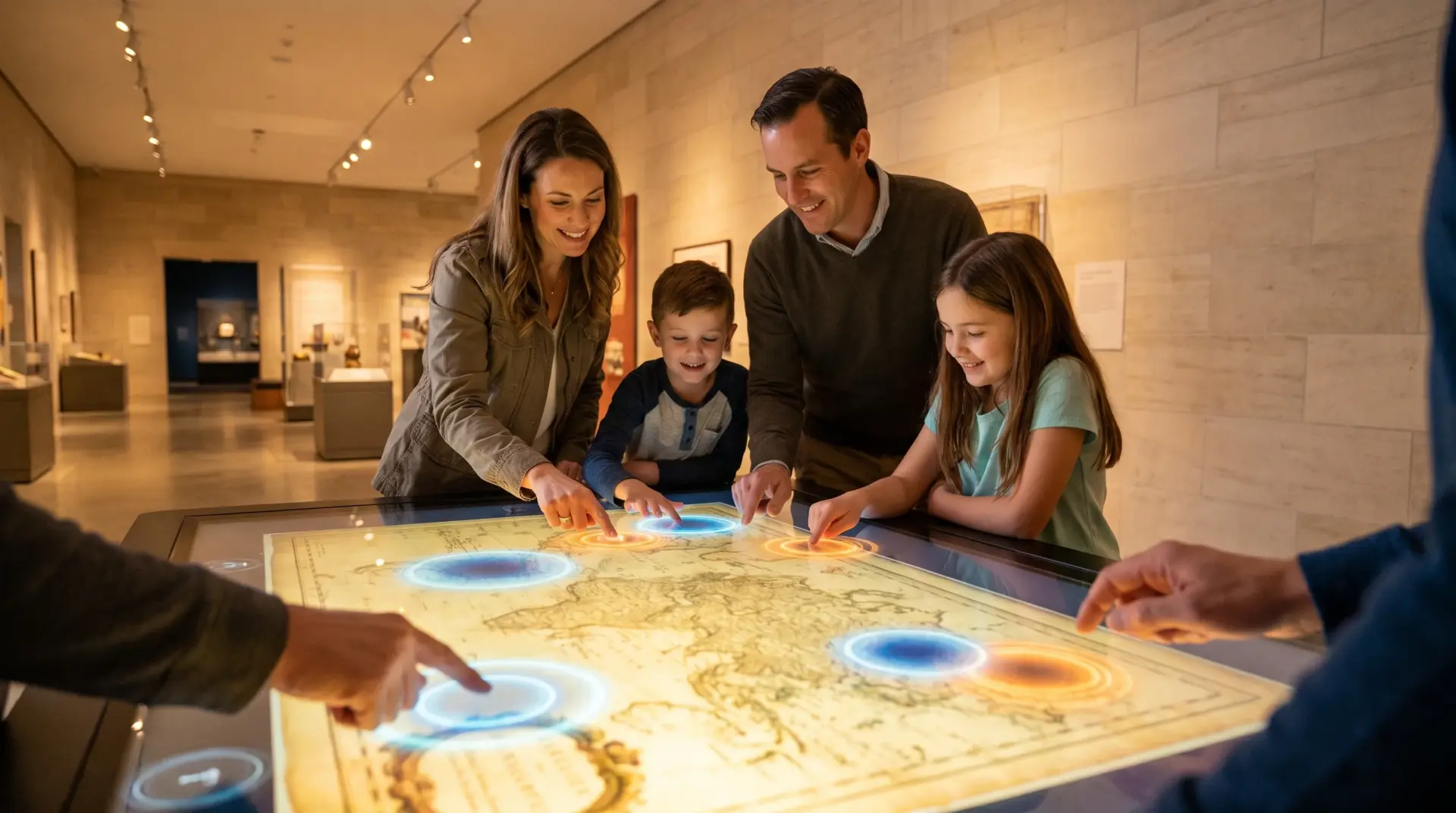 Familie erkundet gleichzeitig eine leuchtende historische Karte auf einem Multi-Touch-Tisch im Museum
