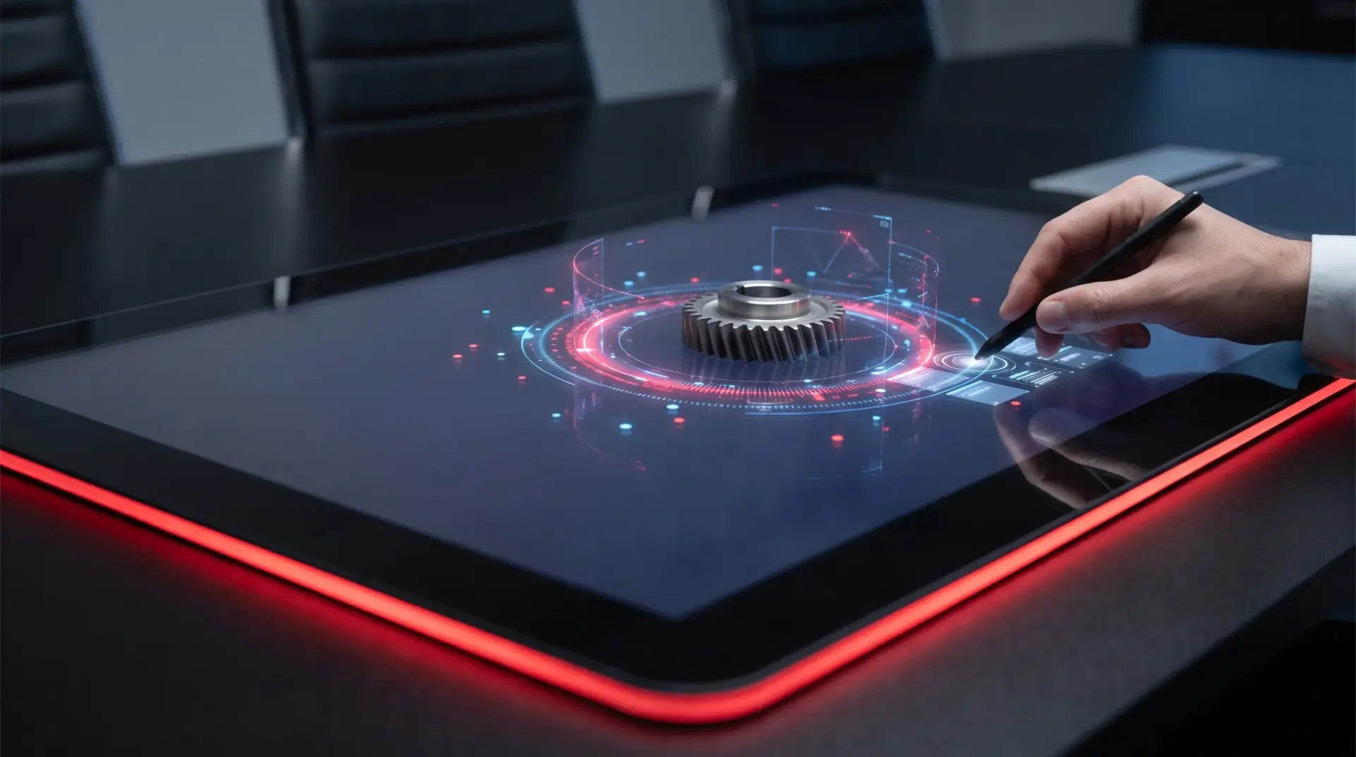 Physisches Produktmuster auf einem Multi-Touch-Tisch mit leuchtendem digitalem Erkennungsring