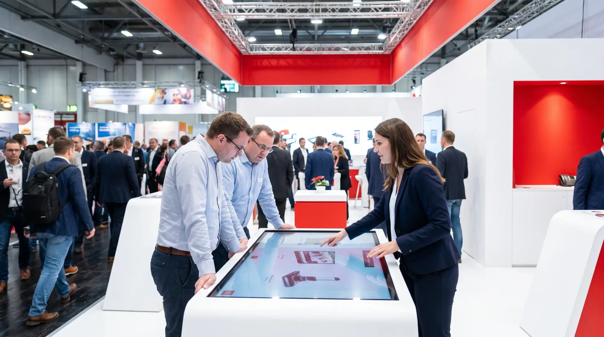 Aussteller zeigt Besuchern Produktinhalte auf einem Multi-Touch-Tisch am Messestand