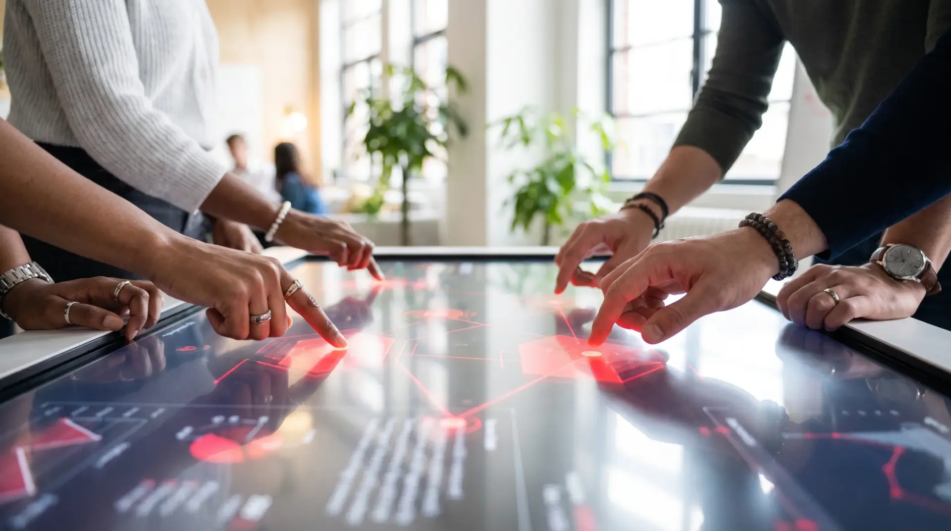 Mehrere Hände interagieren gleichzeitig auf einer Multi-Touch-Oberfläche mit leuchtenden Interface-Elementen