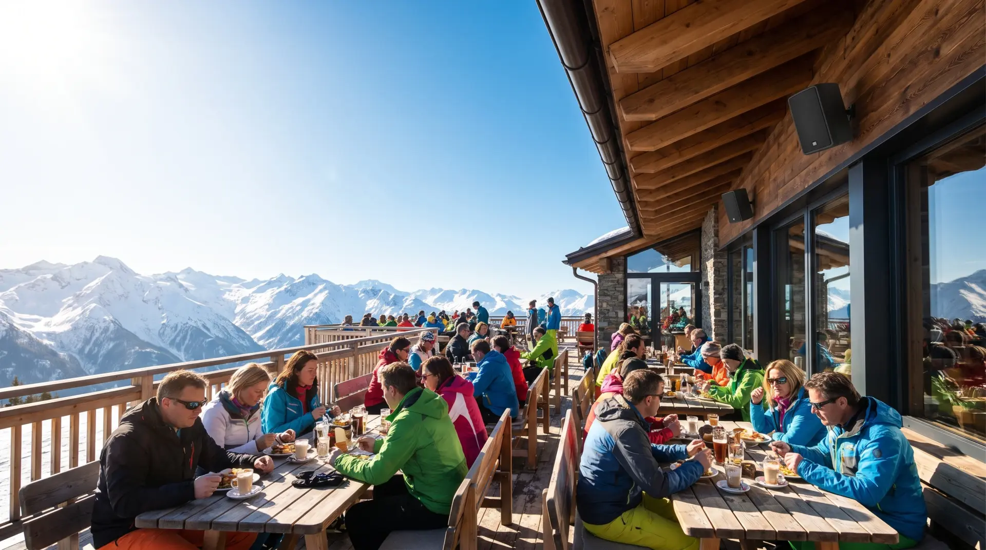 Gäste auf der Sonnenterrasse eines alpinen Bergrestaurants, wetterfeste Lautsprecher unter dem Dachvorsprung, verschneite Berge im Hintergrund