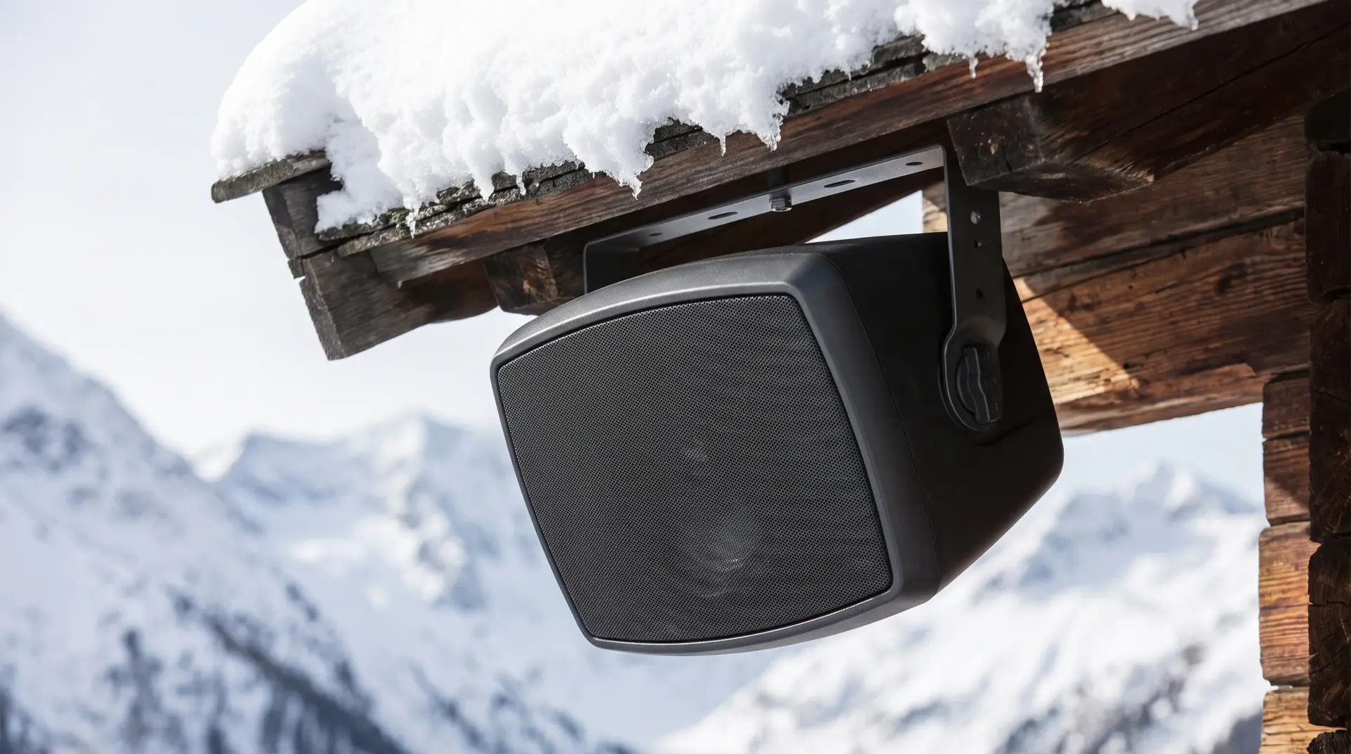 Wetterfester Profi-Lautsprecher unter der schneebedeckten Holztraufe einer alpinen Berghütte im Winter