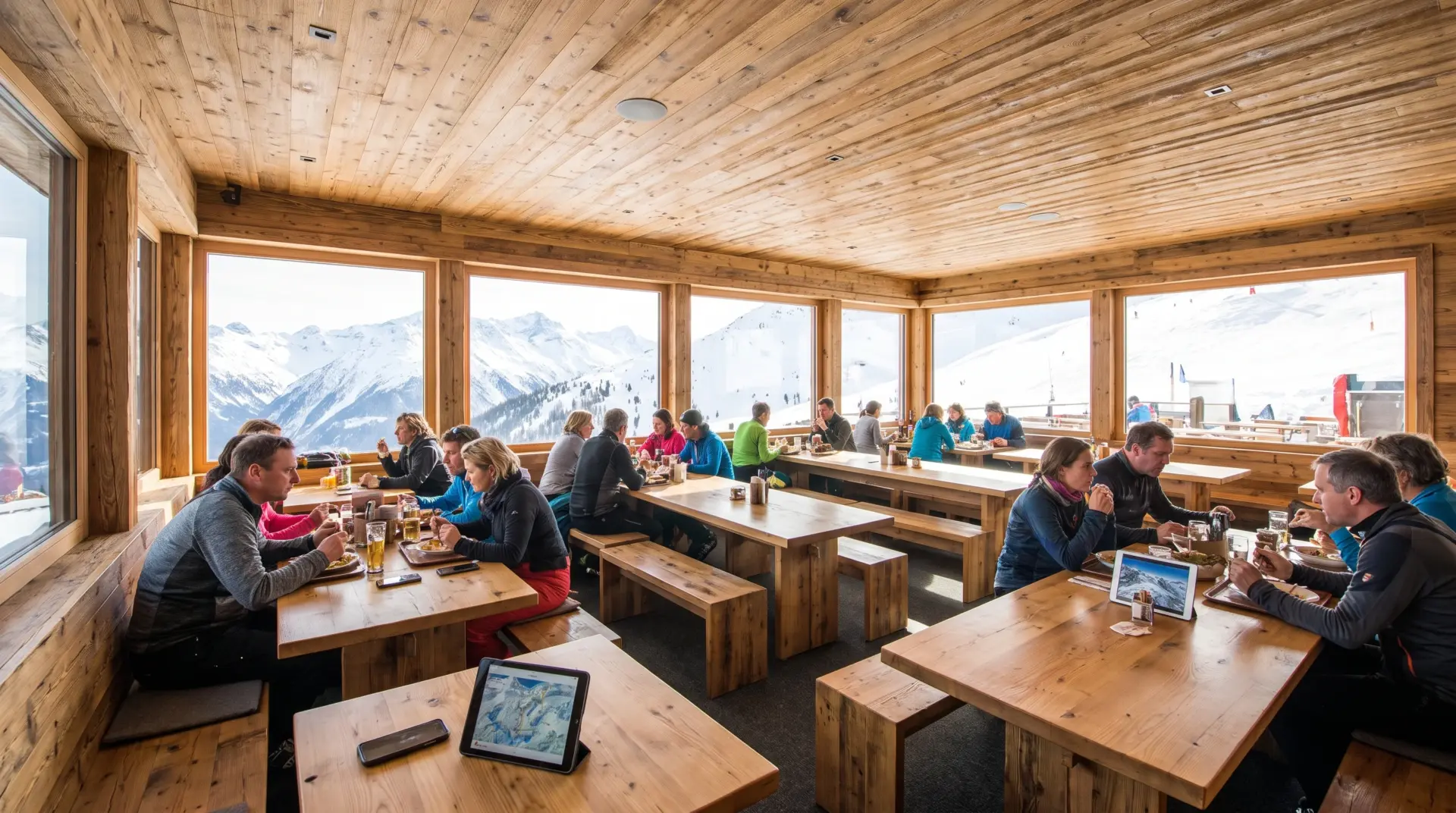 Heller Gastraum einer modernen Skihütte mit Holzvertäfelung, Panoramafenstern und dezent eingelassenen Deckenlautsprechern