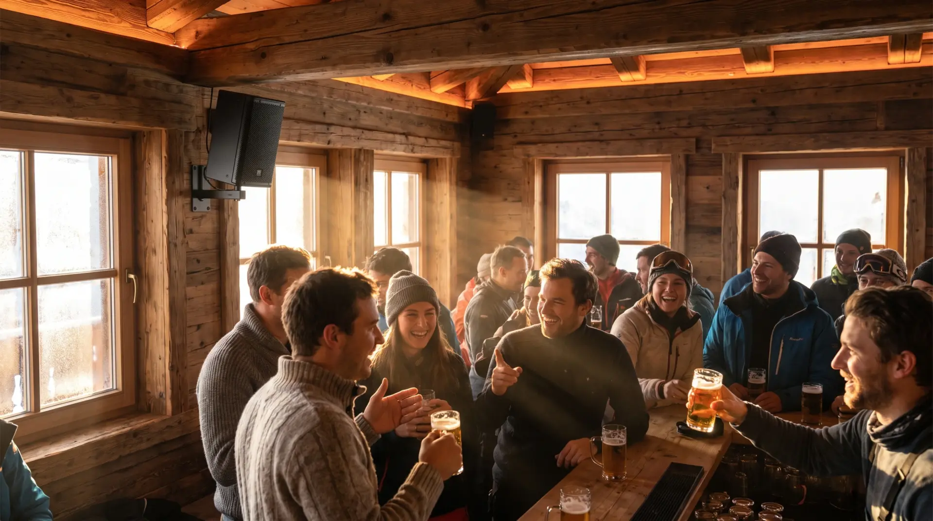 Belebte Après-Ski-Bar in einer alpinen Berghütte mit warmem Effektlicht an den Holzbalken und kompaktem Wandlautsprecher