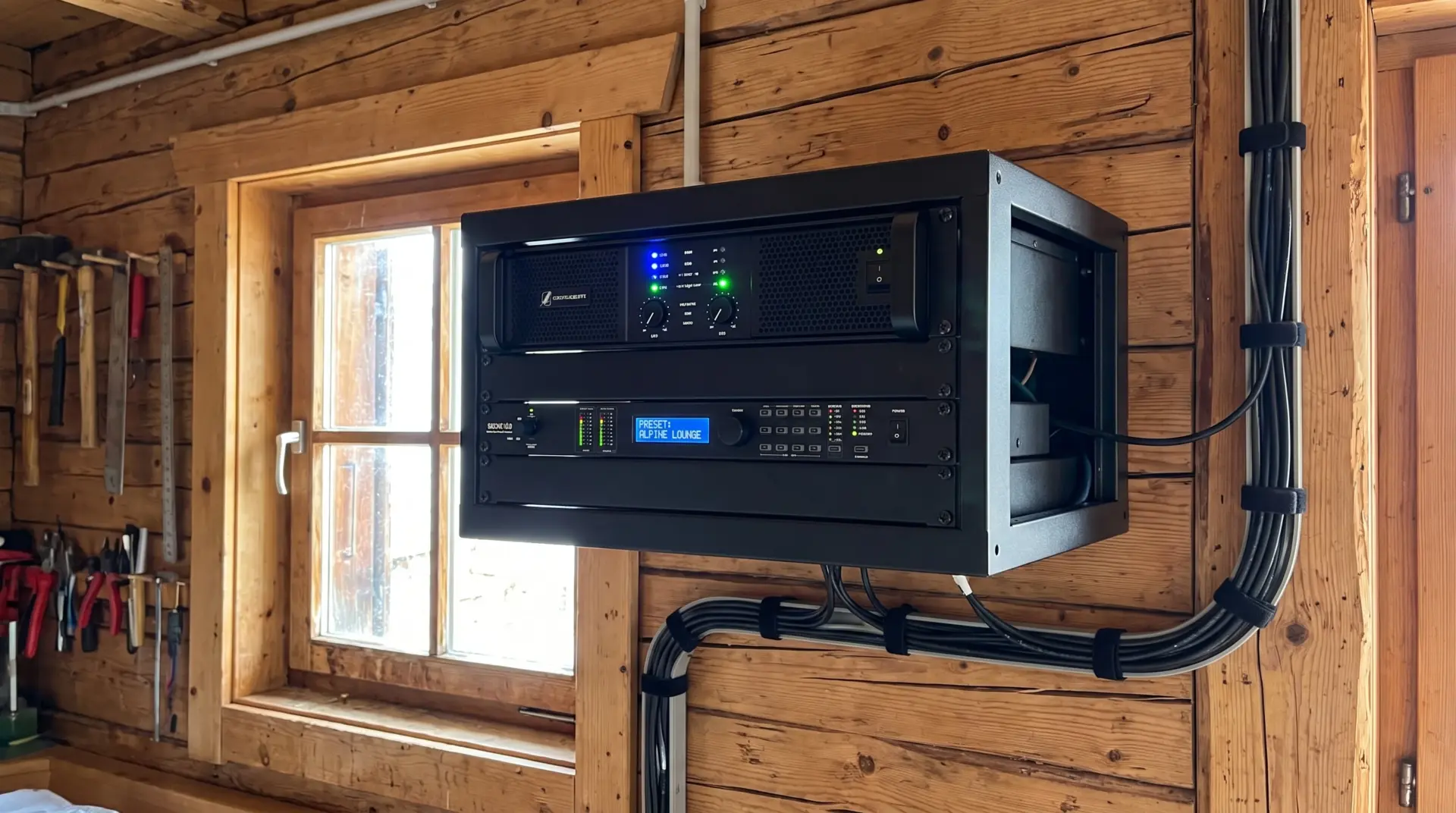 Aufgeräumtes 19-Zoll-Rack mit Endstufe und digitaler Signalverarbeitung im Technikraum eines Bergrestaurants